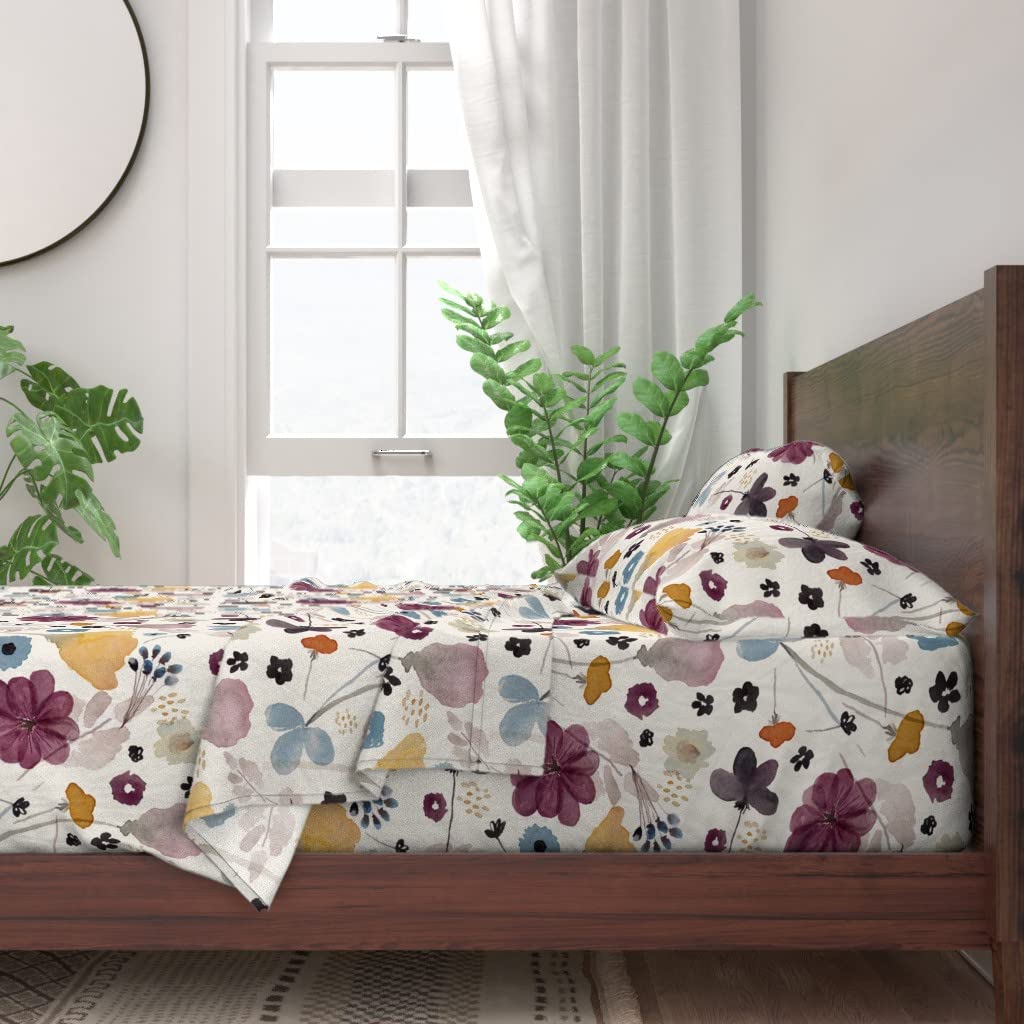 100% Cotton Queen Size 4-Piece Sheet Set | Watercolor Floral Botanical Print | Soft Breathable Bedding for Spring & Nursery Decor | Modern Custom Bed Sheets for Home, Garden & Guest Room