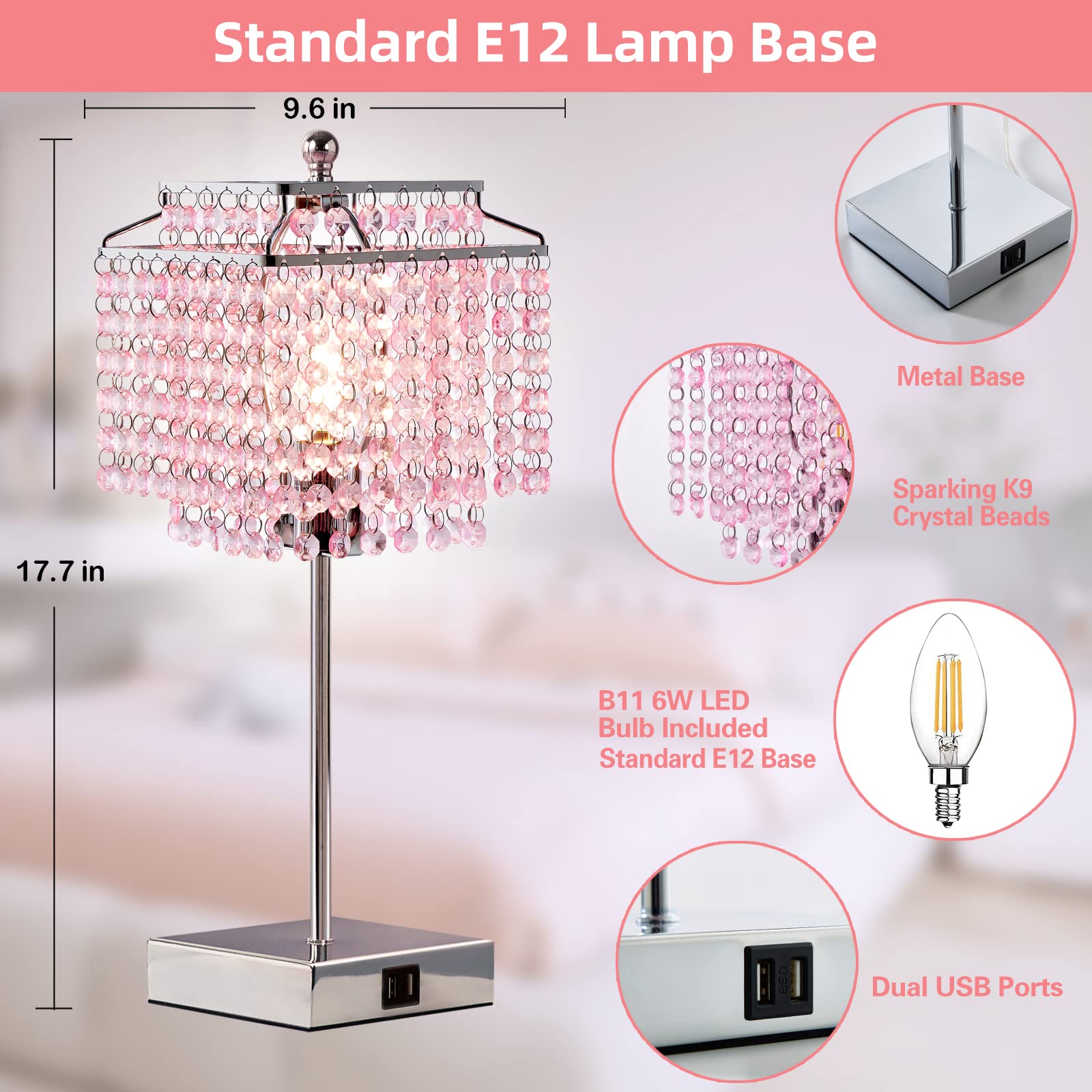 Pink Crystal Table Lamp with Touch Control - 3-Way Dimmable Nightstand Light with Crystal Shade, 6W B11 Bulb Included - Perfect for Girls Bedroom, Living Room & Home Decor (L-71008F)