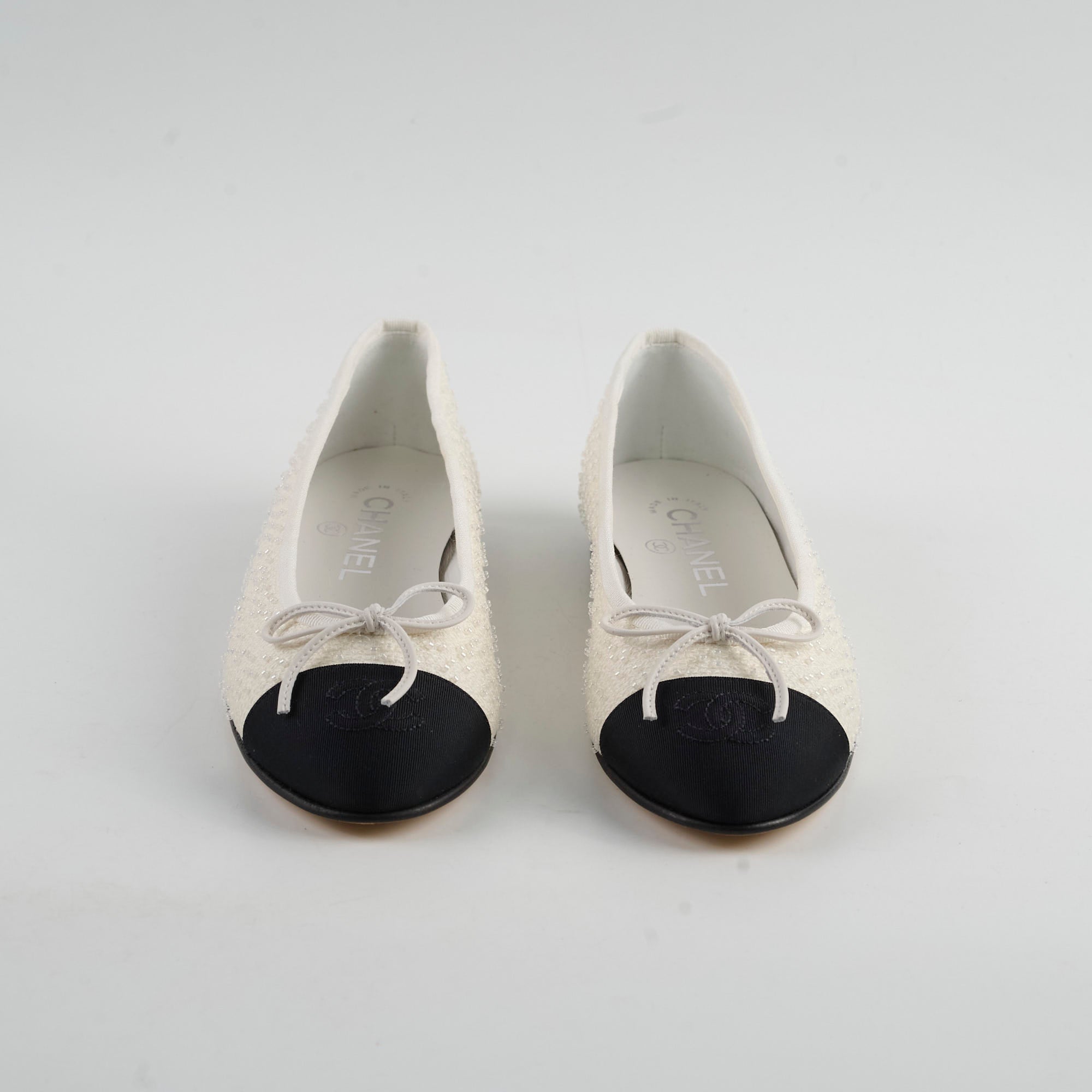 Chanel Ballet Flats for Women Size 35.5 - Classic White & Black Leather Comfortable Shoes | Perfect for Office, Wedding & Casual Wear