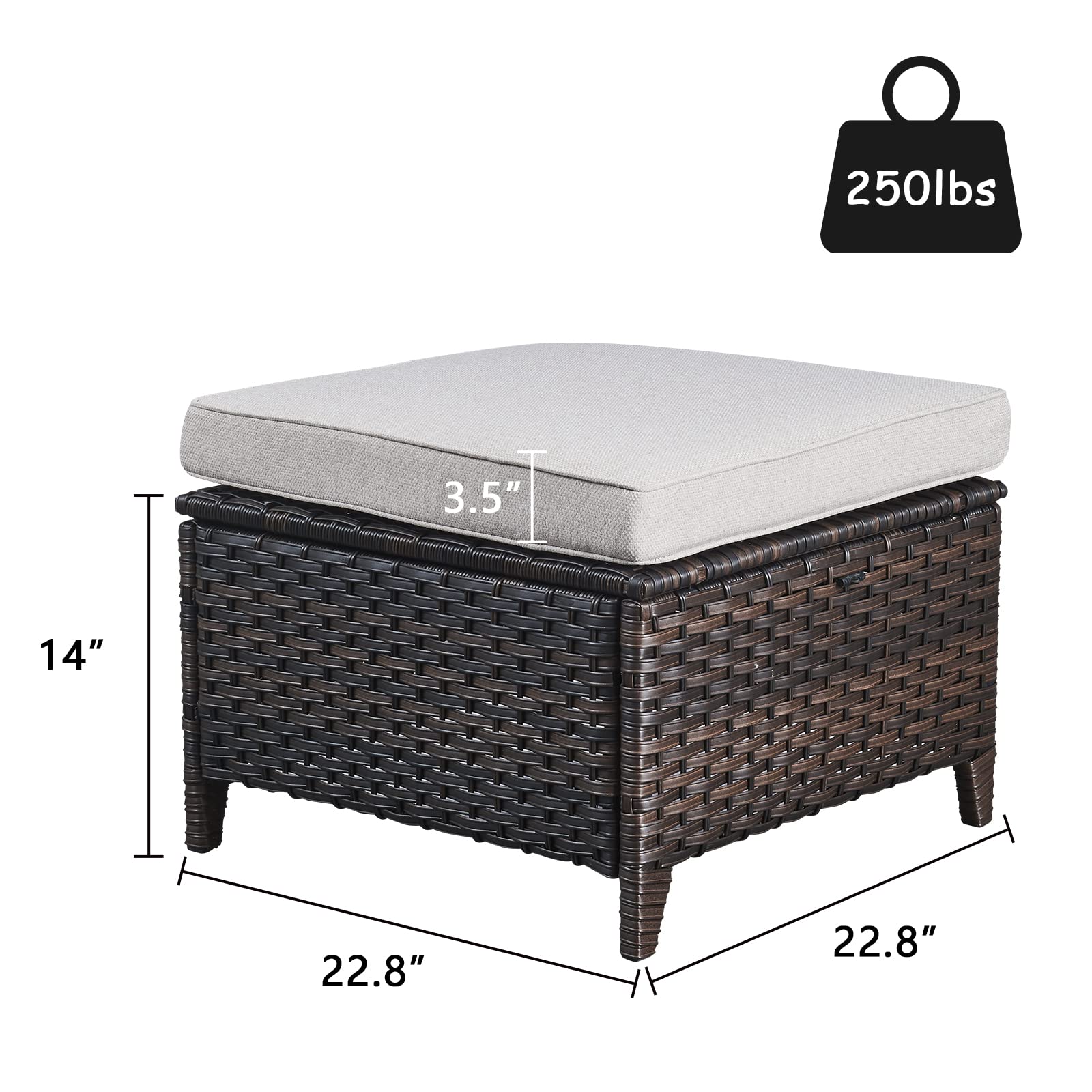 2-Piece Outdoor Wicker Ottoman Set with Thick Cushions - Brown/Beige Rattan Patio Footrest & Footstool for Garden, Poolside & Deck Relaxation