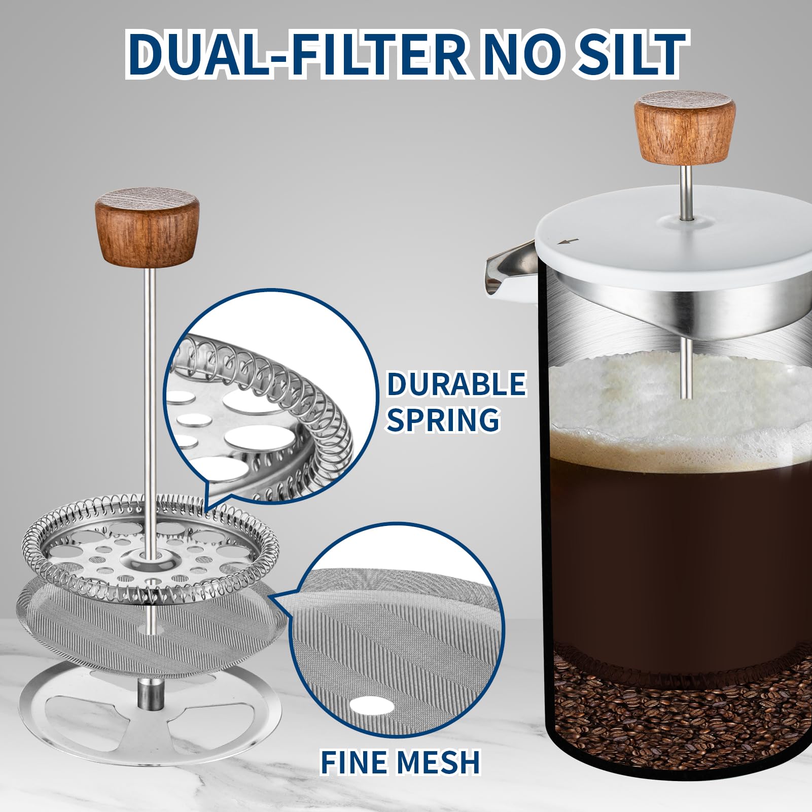 BERTILLE 34OZ French Press Coffee Maker - 304 Stainless Steel, Wood Handle, Double Insulation & 3-Layer Filter - Perfect for Home, Office & Camping (White)