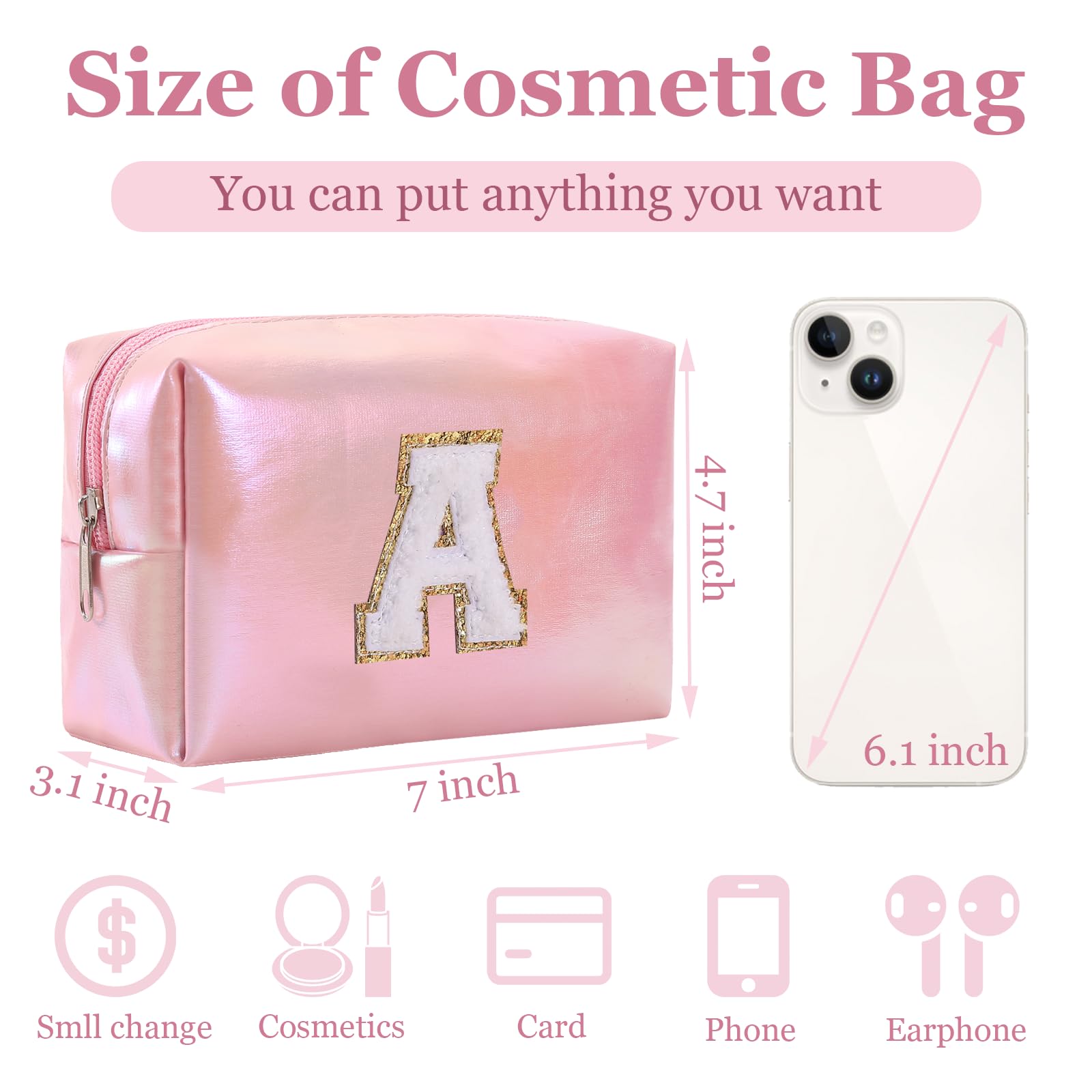 Personalized Initial Makeup Bag Letter A - Glitter Waterproof Cosmetic Pouch for Women, Cute Travel Makeup Organizer, Preppy Gift for Mother's Day, Birthday, Bridesmaids | Perfect for Travel, Gym, Daily Beauty Essentials