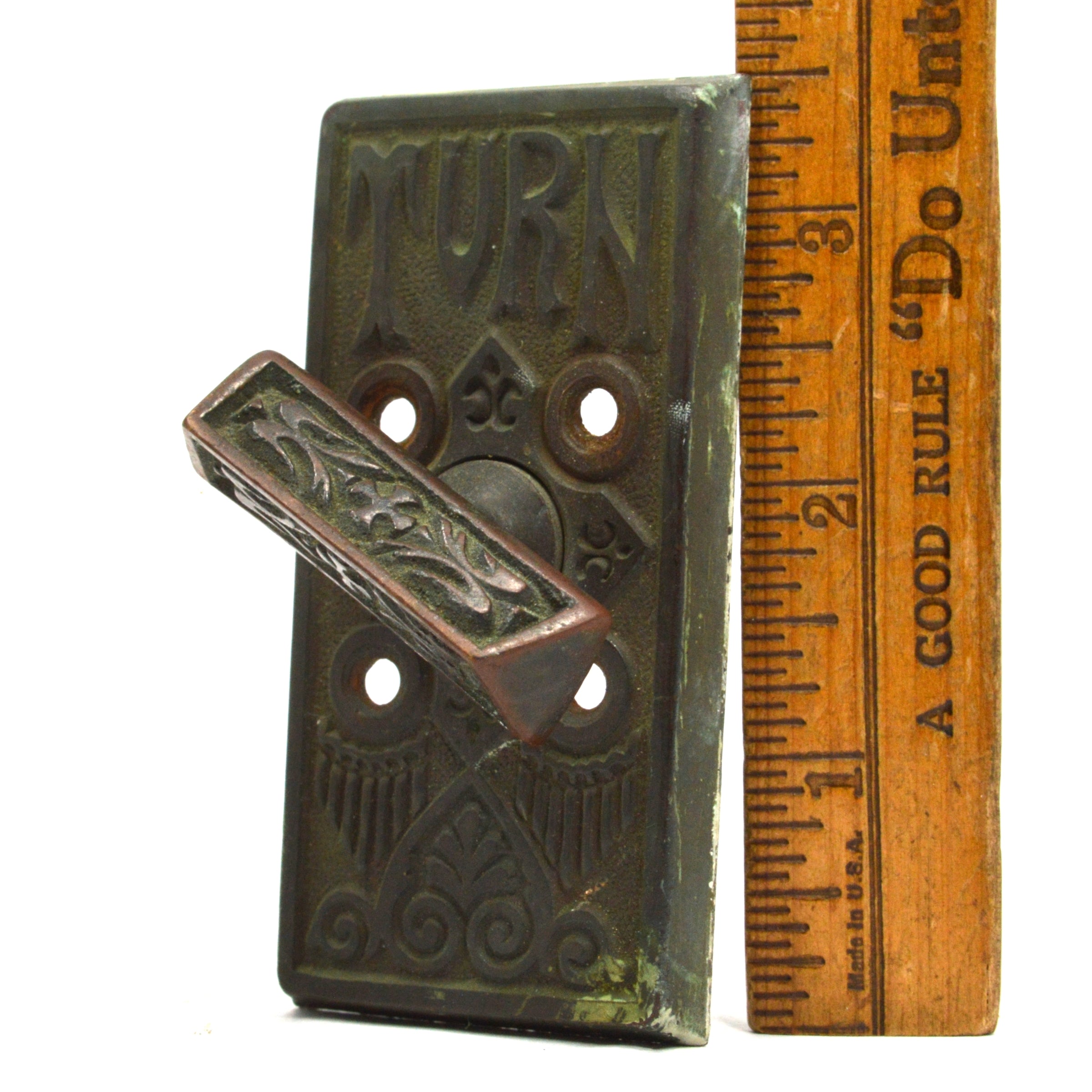 Antique Eastlake Doorbell Turn Knob & Back Plate - Embossed Brass Door Hardware for Vintage Home Restoration & Victorian Style Doors