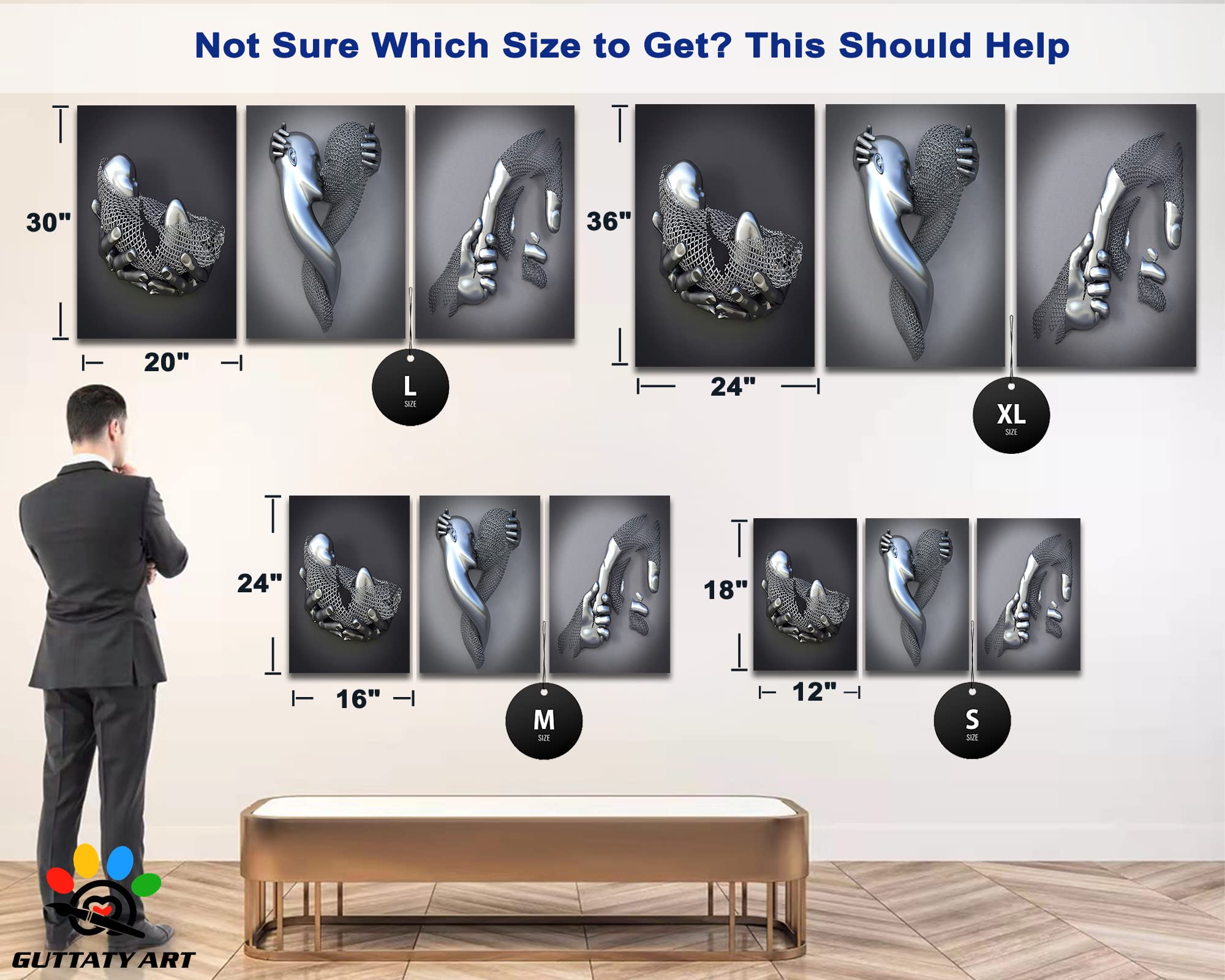 3D Metal Heart Wall Art Set - Silver Gray Love Decor for Living Room & Bedroom - Framed Modern Canvas Painting - Valentine's Day Gift for Couples - 24