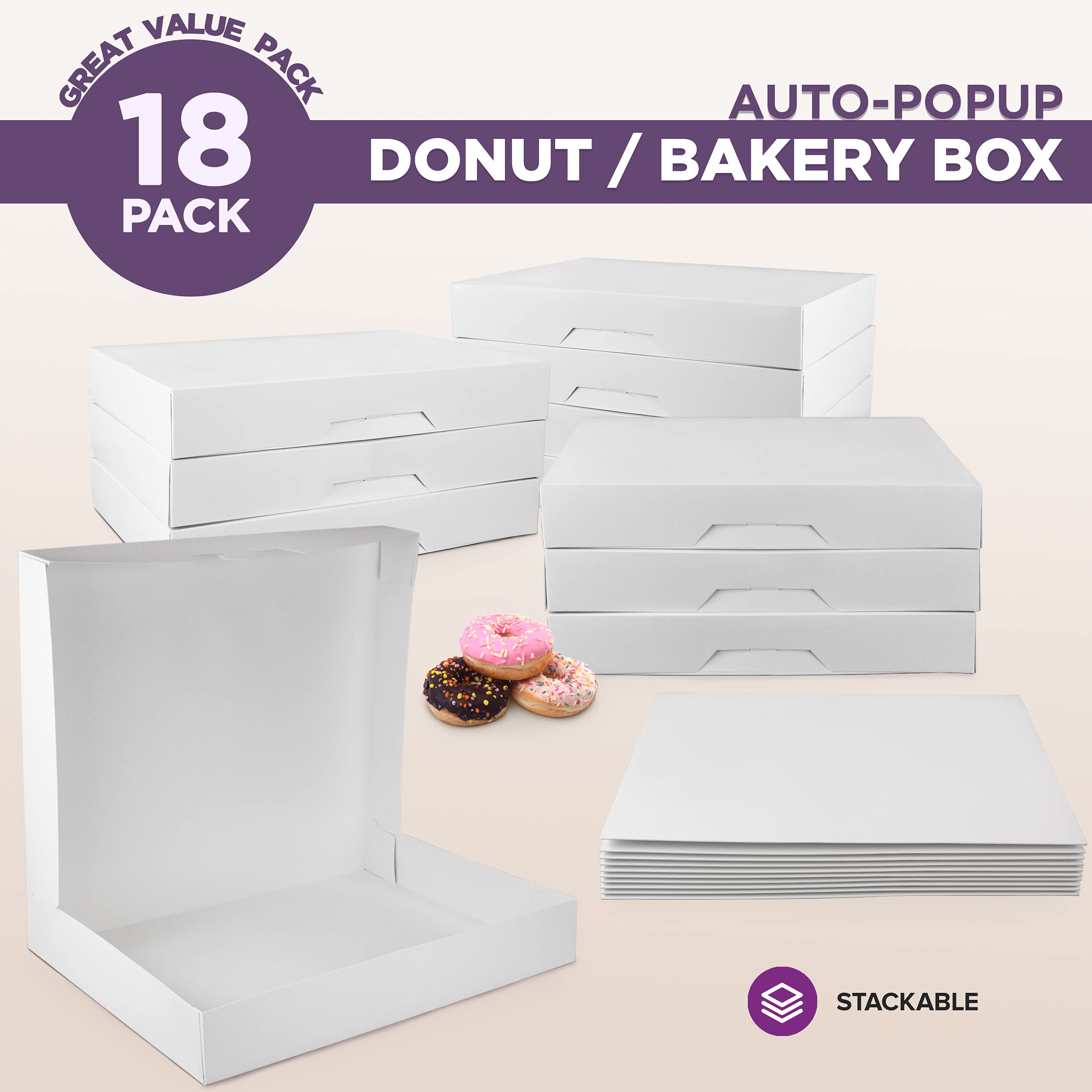 100 Pack 15x11.5x2.2 Inch White Bakery Boxes - Auto-Popup Cardboard Gift Packaging for Donuts, Cookies, Brownies, Pastries & Bread | Perfect for Meal Prep, Baking Storage & Wholesale Business Use