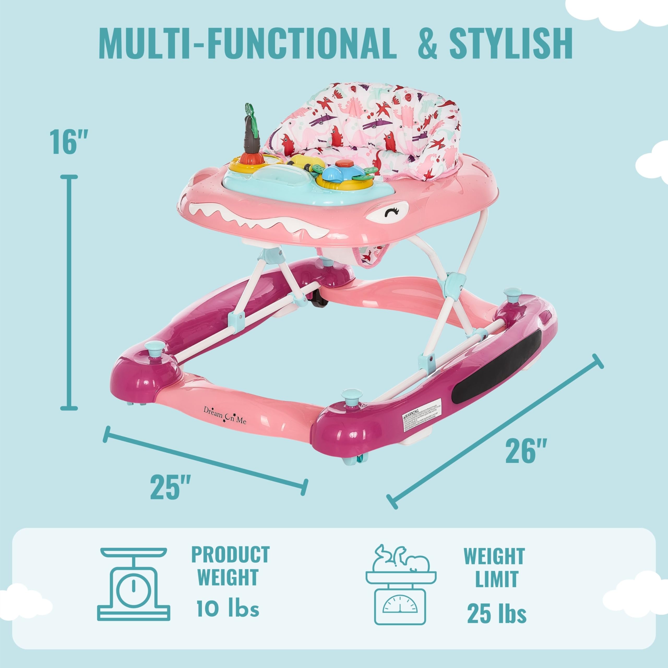 Dream On Me Baby Steps Baby Walker in Pink - Adjustable 3-Position Height, Removable Tray & Foldable Design for Easy Storage | Perfect for Learning to Walk, Indoor Play & Parent-Assisted Baby Mobility