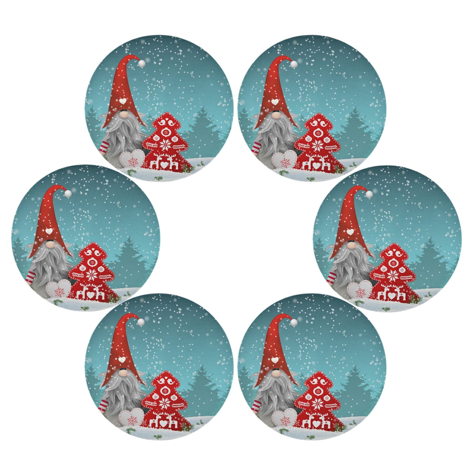 Christmas Gnome Snowy Round Placemats Set of 6 - Heat Insulated Non-Slip Washable Table Mats for Holiday Dining - Perfect for Christmas Dinner, Winter Parties & Festive Home Decor