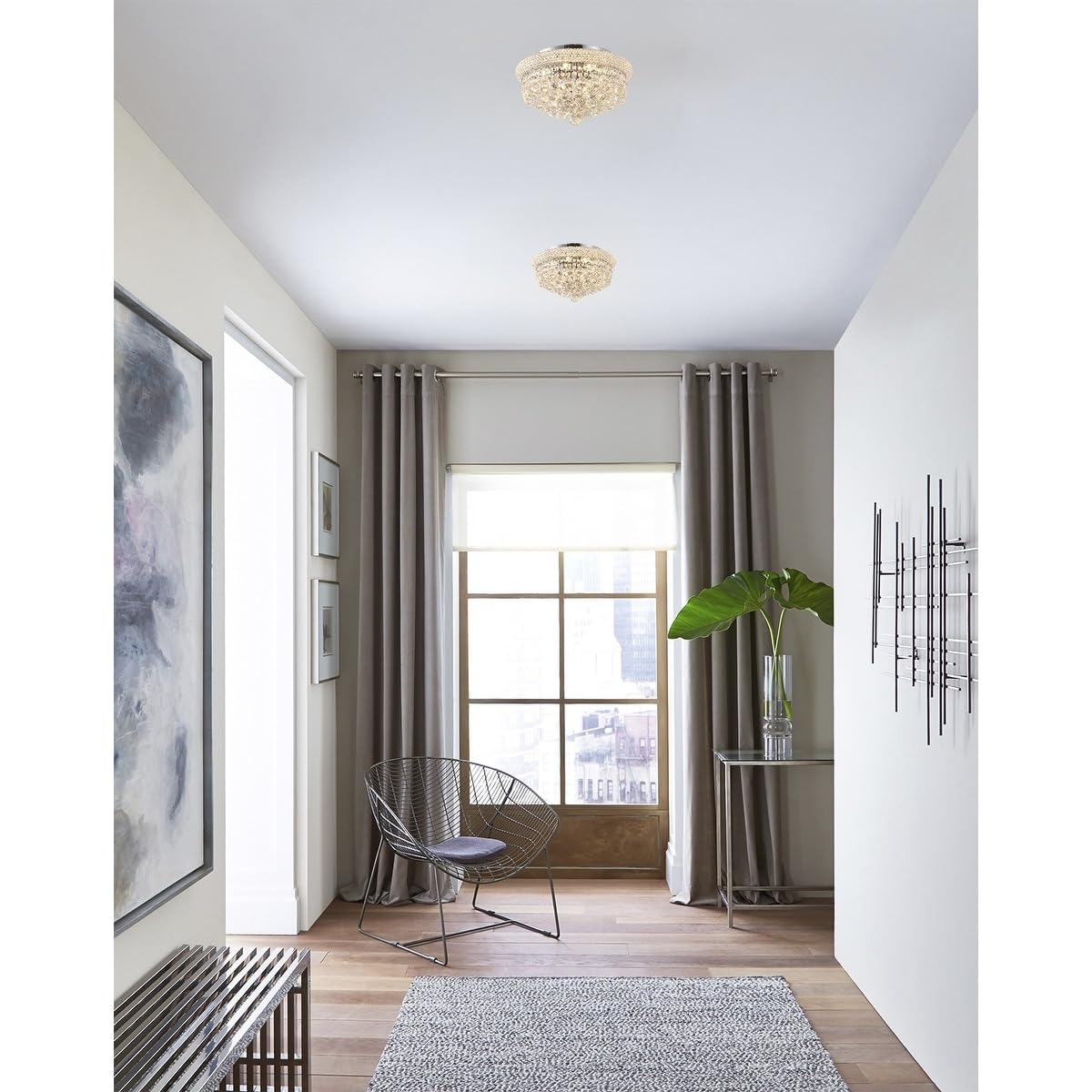 Chrome Metal Flush Mount Ceiling Light with Clear Crystal for Living Room, Bedroom, and Dining Room Lighting