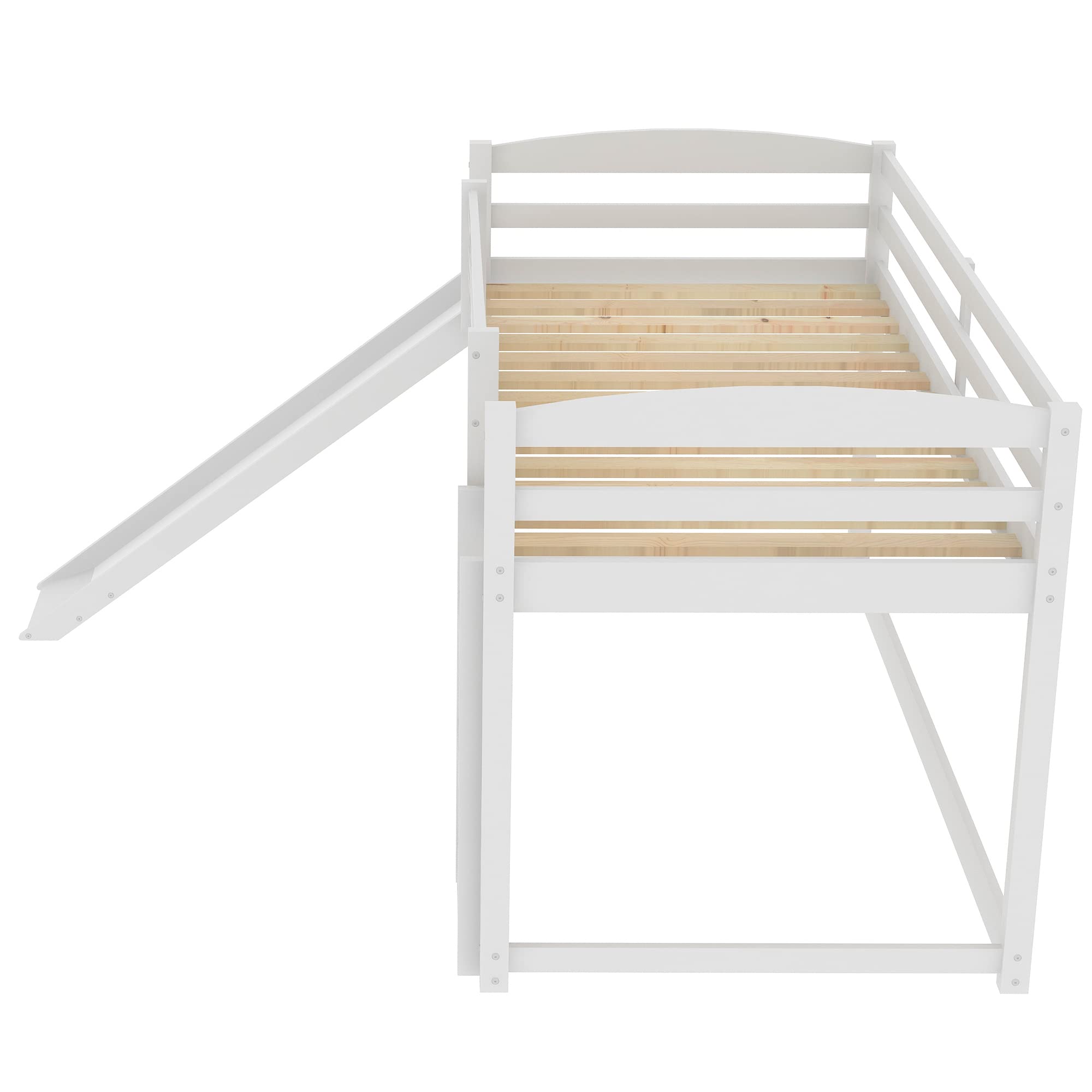 Harper & Bright Designs Low Bunk Bed with Slide - Twin Over Twin Wooden Bunk Bed with Ladder for Kids & Toddlers - White - Perfect for Small Bedrooms, Playrooms & Shared Kids' Spaces