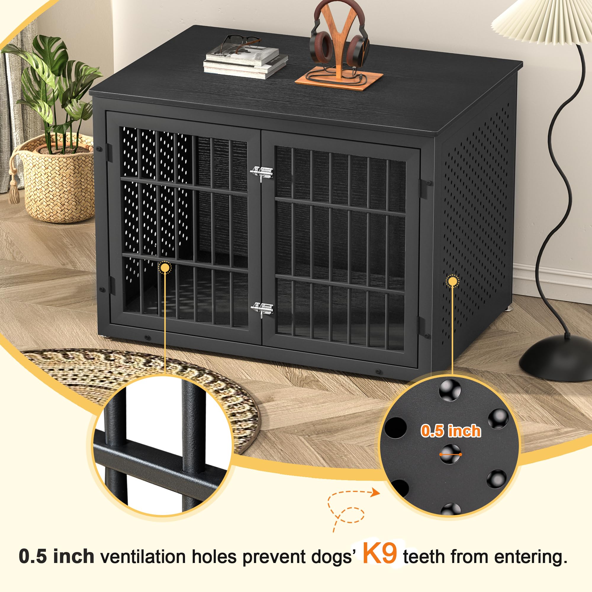 Heavy Duty Dog Crate Furniture for Large & Medium Dogs - Indestructible Metal Kennel for Anxious Pets - Wooden Cage Kennel End Table with Decorative Design (Black) | Perfect for Living Room, Bedroom & Home Office Use