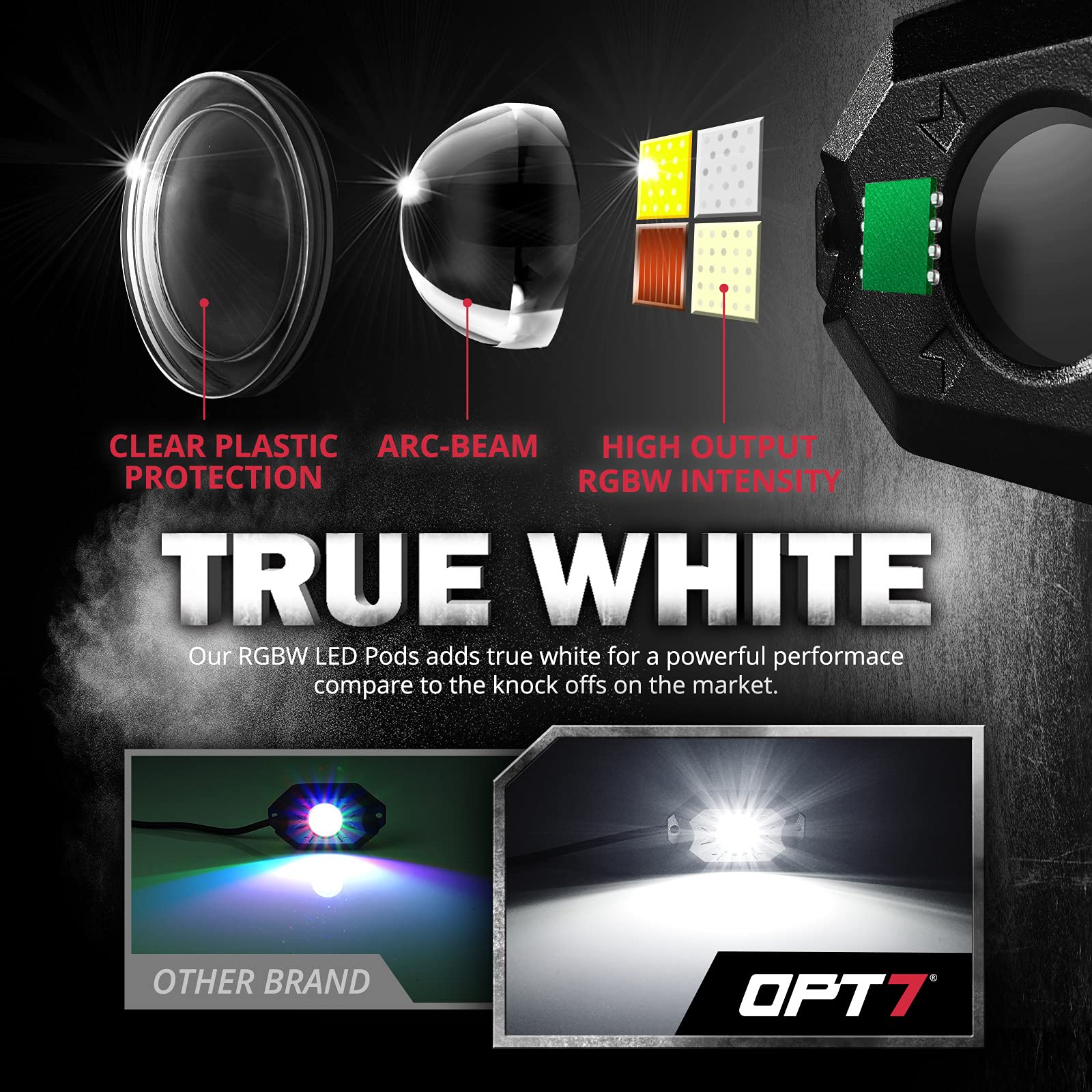 OPT7 Rock Lights 8 Pods LED RGBW Underglow Lighting Kit - Bluetooth APP Control, RGB & True White with SoundSync, 16 Million Colors & 20 Modes, IP68 Waterproof for Offroad Trucks, RZR, ATV, UTV - Perfect for Night Rides, Car Shows & Off-Road Adventures