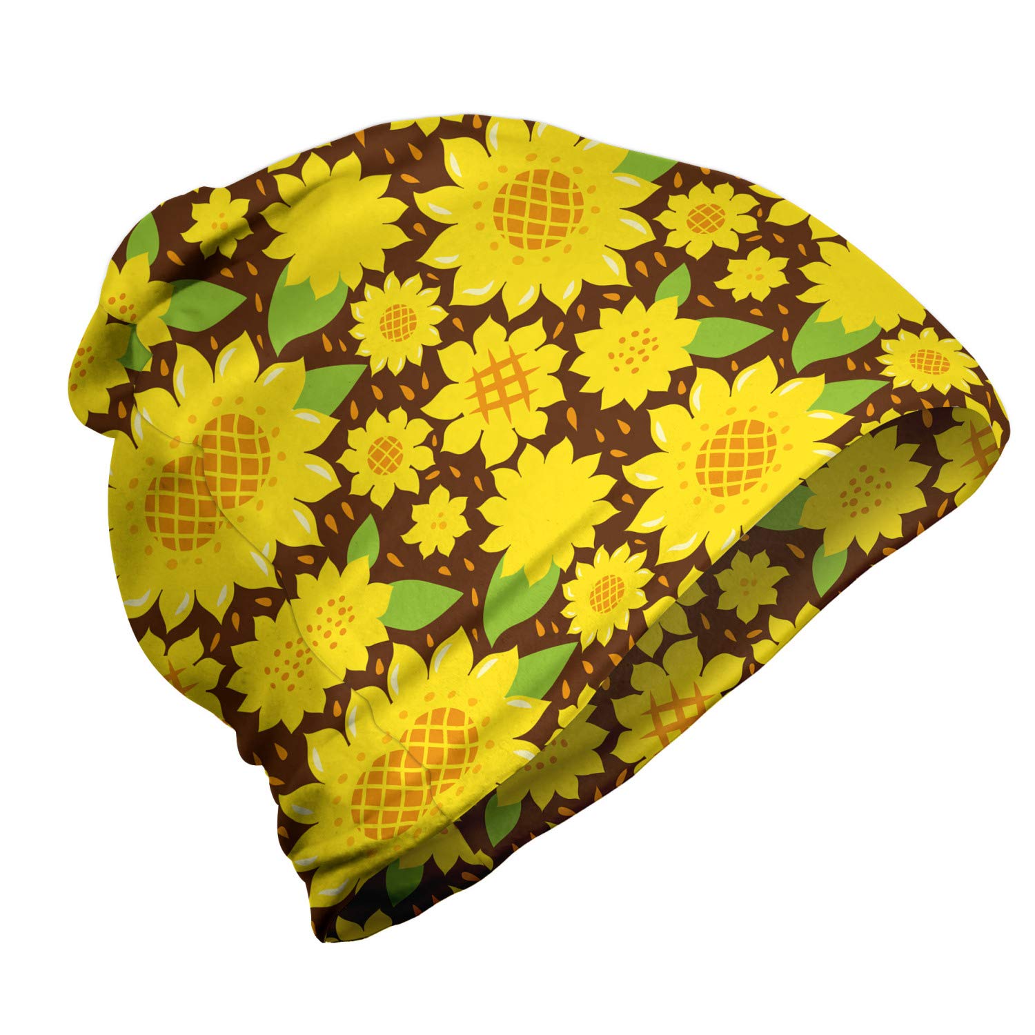 Ambesonne Unisex Beanie - Cartoon Flower Pattern Winter Hat for Men & Women - Warm Knit Beanie for Hiking, Camping & Outdoor Activities in Yellow & Brown