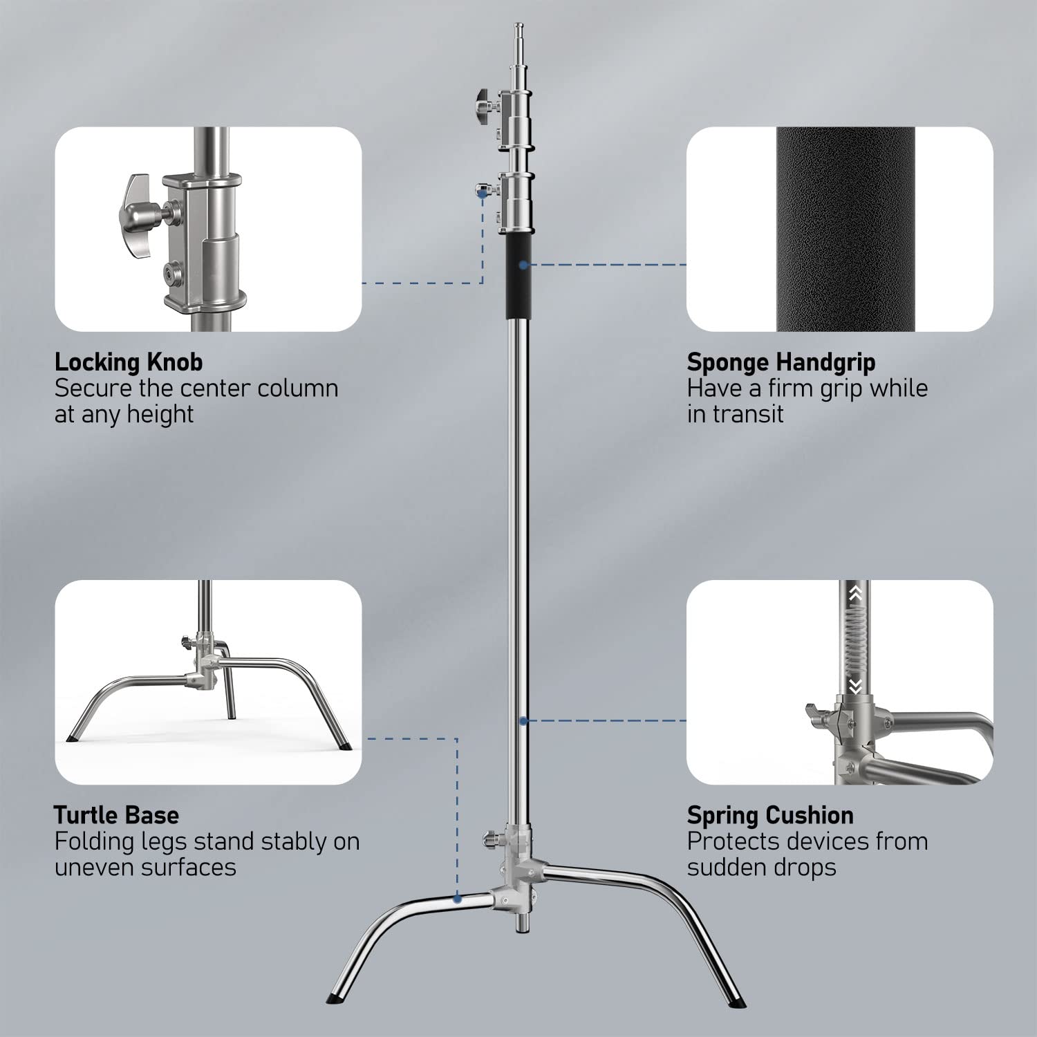 Heavy Duty Photography C Stand with Boom Arm - 100% Stainless Steel, Max Height 10.5ft/131in, Professional Light Stand for Studio, Video & Photography (1 Pack) - Perfect for Film Sets, YouTube Videos & Product Photography