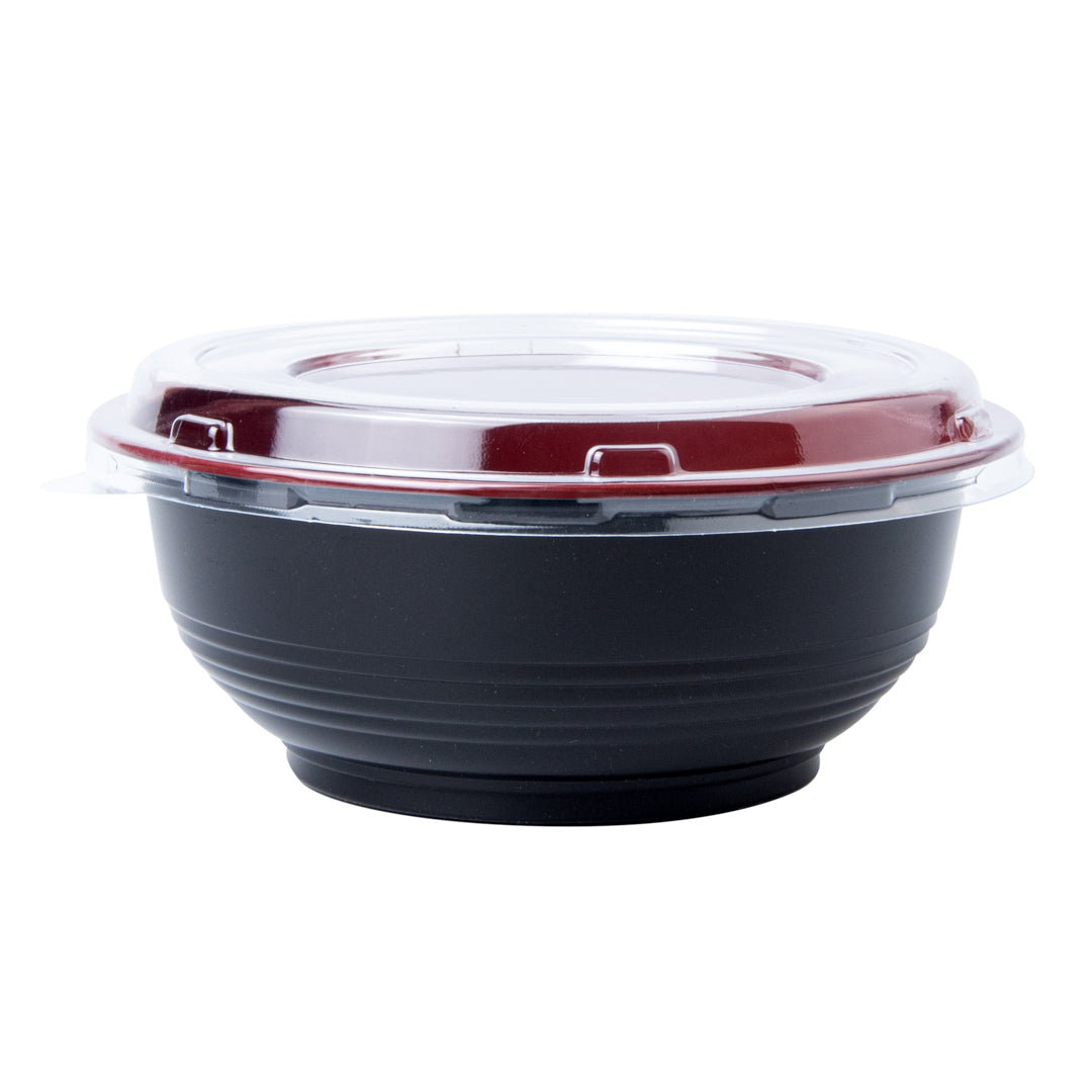 24 oz Round Black and Red Plastic Panda Bowl with Clear Lid - Microwave Safe Asian Style Soup Noodle Bowl (6.5