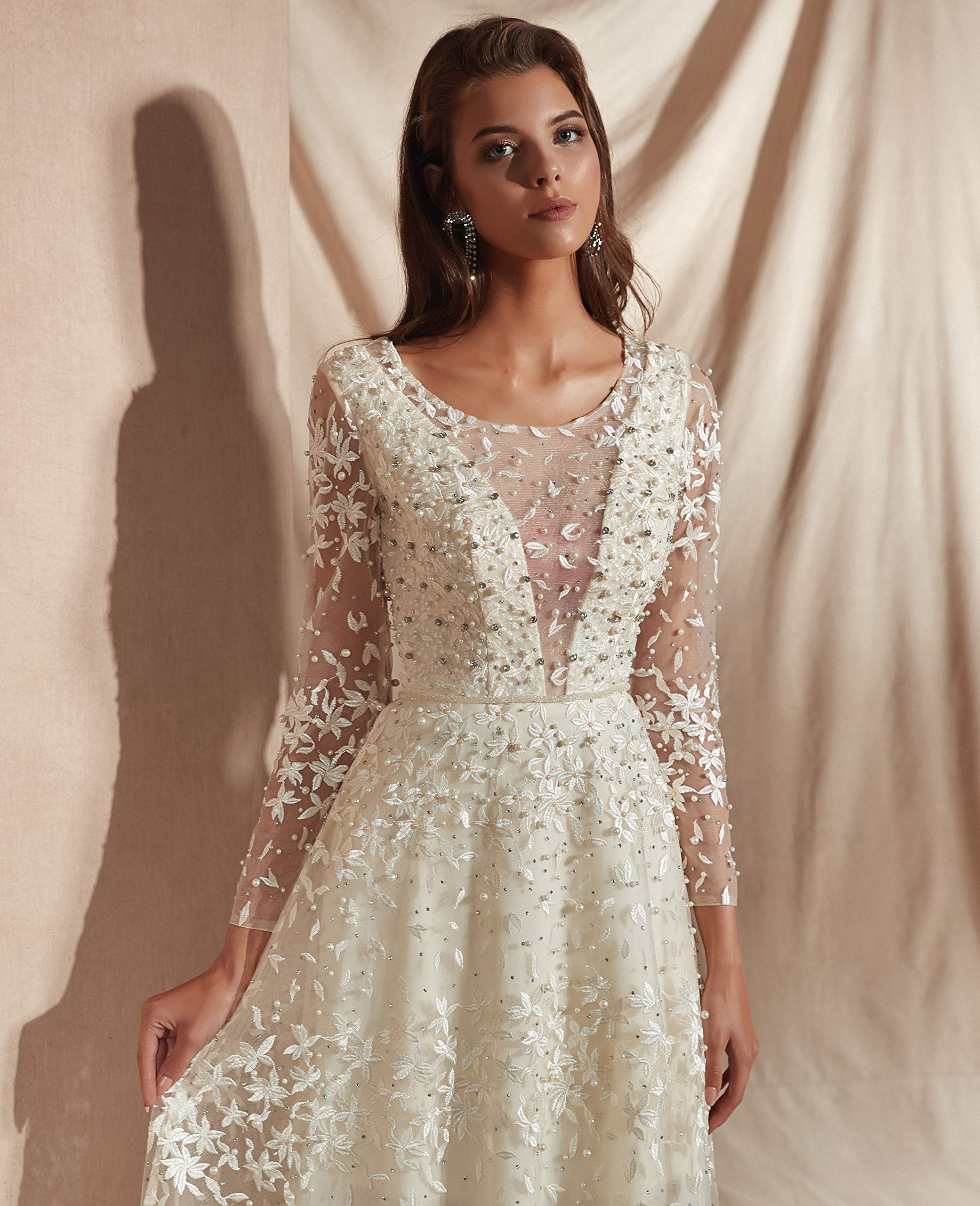 Elegant Beaded Long Sleeve Lace Applique Tulle Wedding Dress for Women - Perfect for Bridal, Formal Events & Romantic Photoshoots