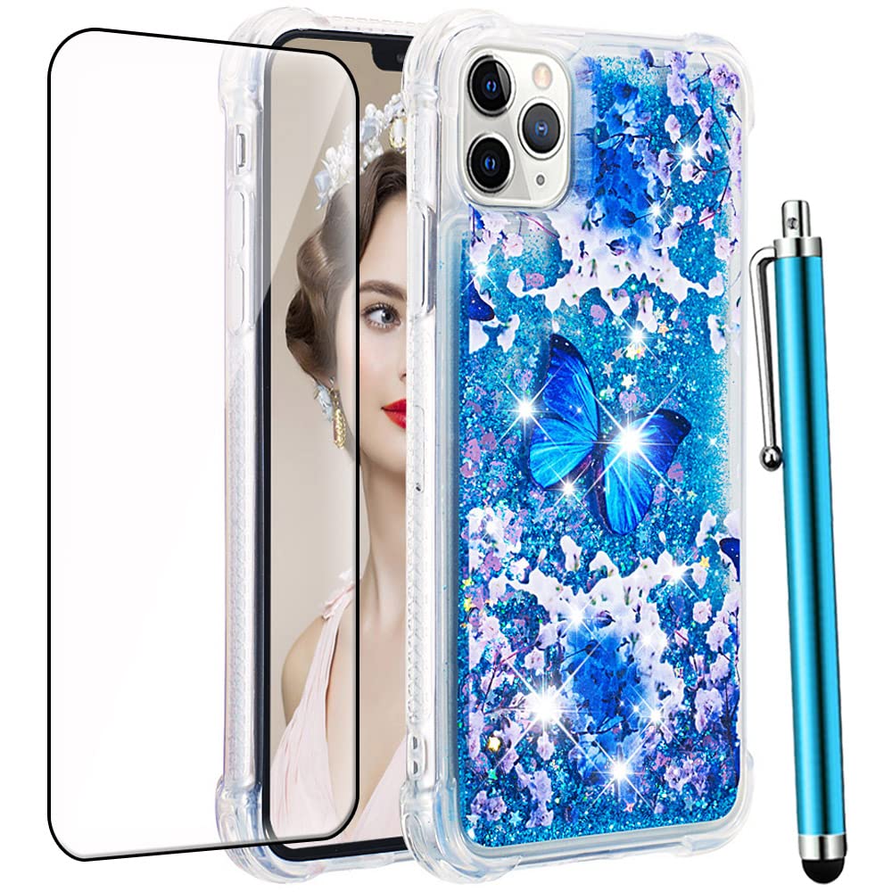 Sparkly Glitter iPhone 11 Pro Max Case (6.5 inch) with Tempered Glass Screen Protector - Blue Butterfly Design, Cute Bling Protective Phone Cover for Women & Girls | Perfect for Parties, Daily Use & Gift Giving