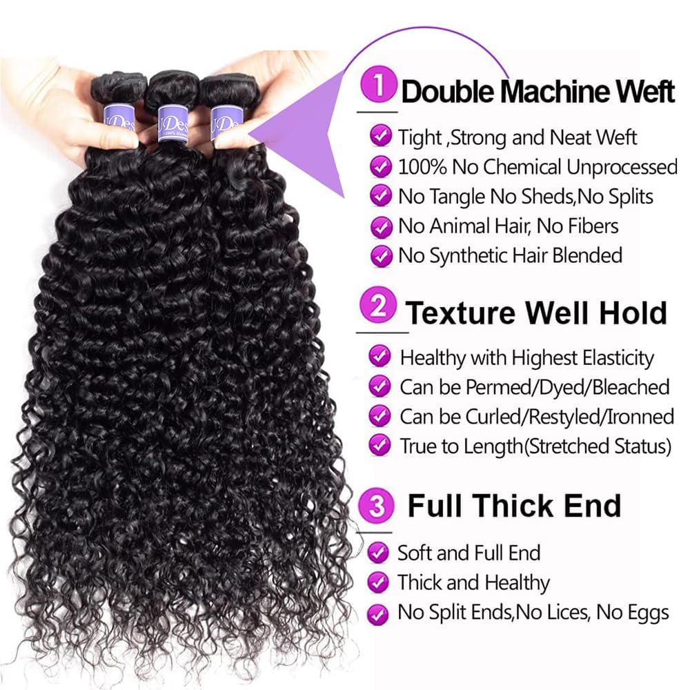 Brazilian Virgin Human Hair Bundles 3PCS - 12A Grade Unprocessed Jerry Curly Weave Extensions (22/24/26 Inch, 285g) | Natural Black Color for Women | Perfect for Daily Styling, Parties & Special Occasions