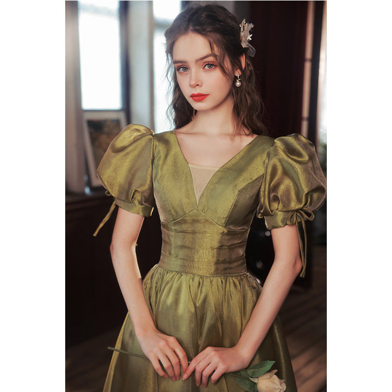 Elegant Green Puff Sleeves Satin Long Prom Dress Ball Gown for Evening Party | Formal Dance, Homecoming, Wedding Guest Dress