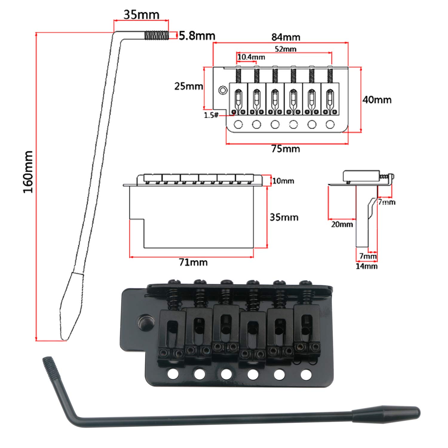 Premium 6-String Electric Guitar Tremolo Bridge System with Whammy Bar - Black Replacement Tailpiece for Stratocaster Style Guitars | Perfect for Rock, Blues & Live Performances