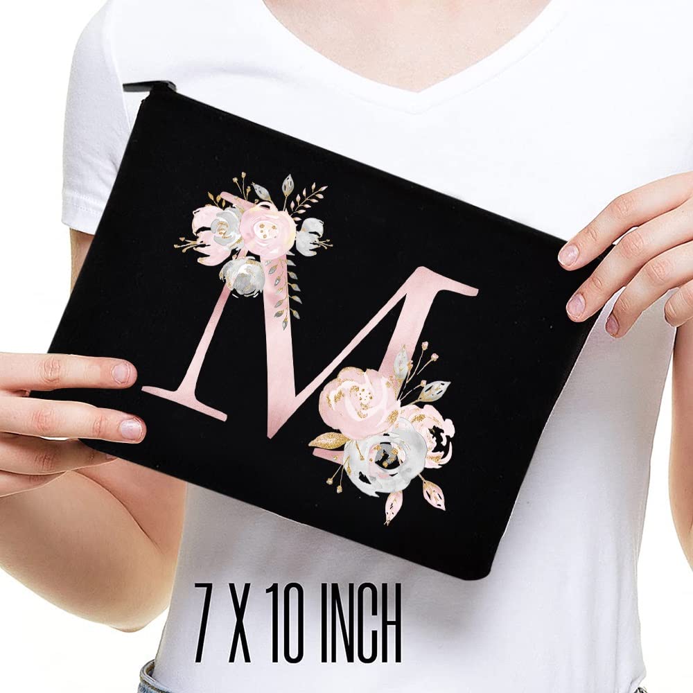 26 Letter Printed Zip Canvas Pouch - Waterproof Makeup Bag, Travel Cosmetic Organizer, Toiletry Case for Women - Perfect for Bridesmaid Gifts, School Pencil Case & Coin Purse (Pink Floral Design) - Ideal for Travel, Daily Use & Gift Giving