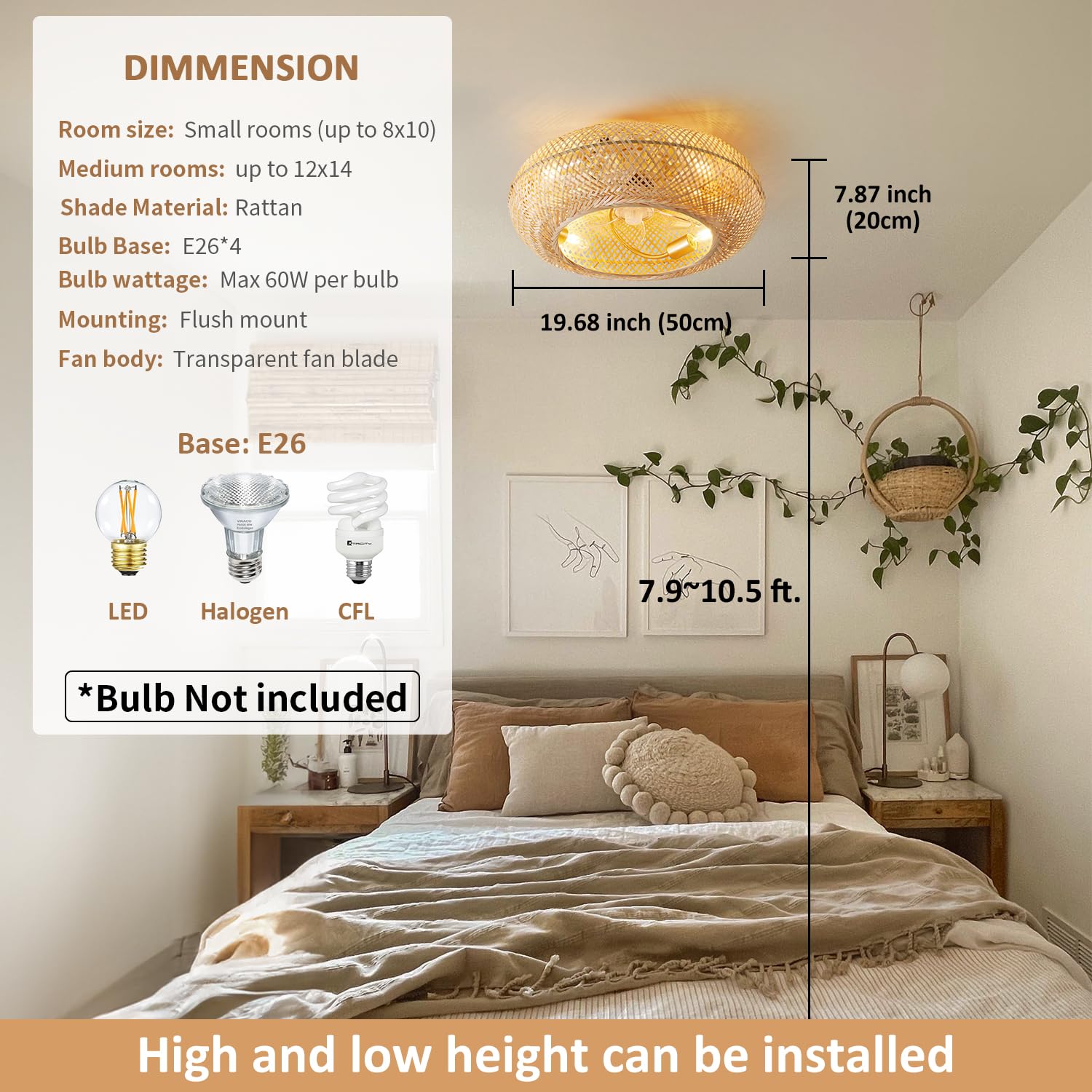 Boho Rattan Ceiling Fan with Lights and Remote Control - 20