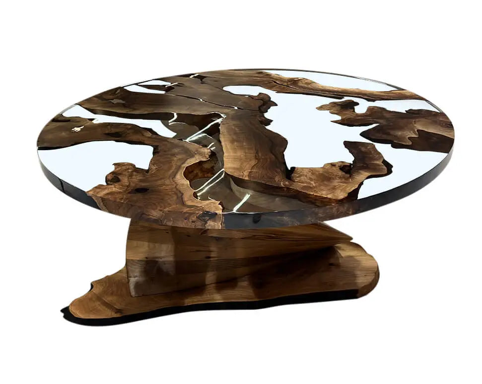 Handmade Round Epoxy Resin Table with Natural Walnut Wood Vortex Base - Modern Coffee Table for Living Room, Office & Dining Room Decor