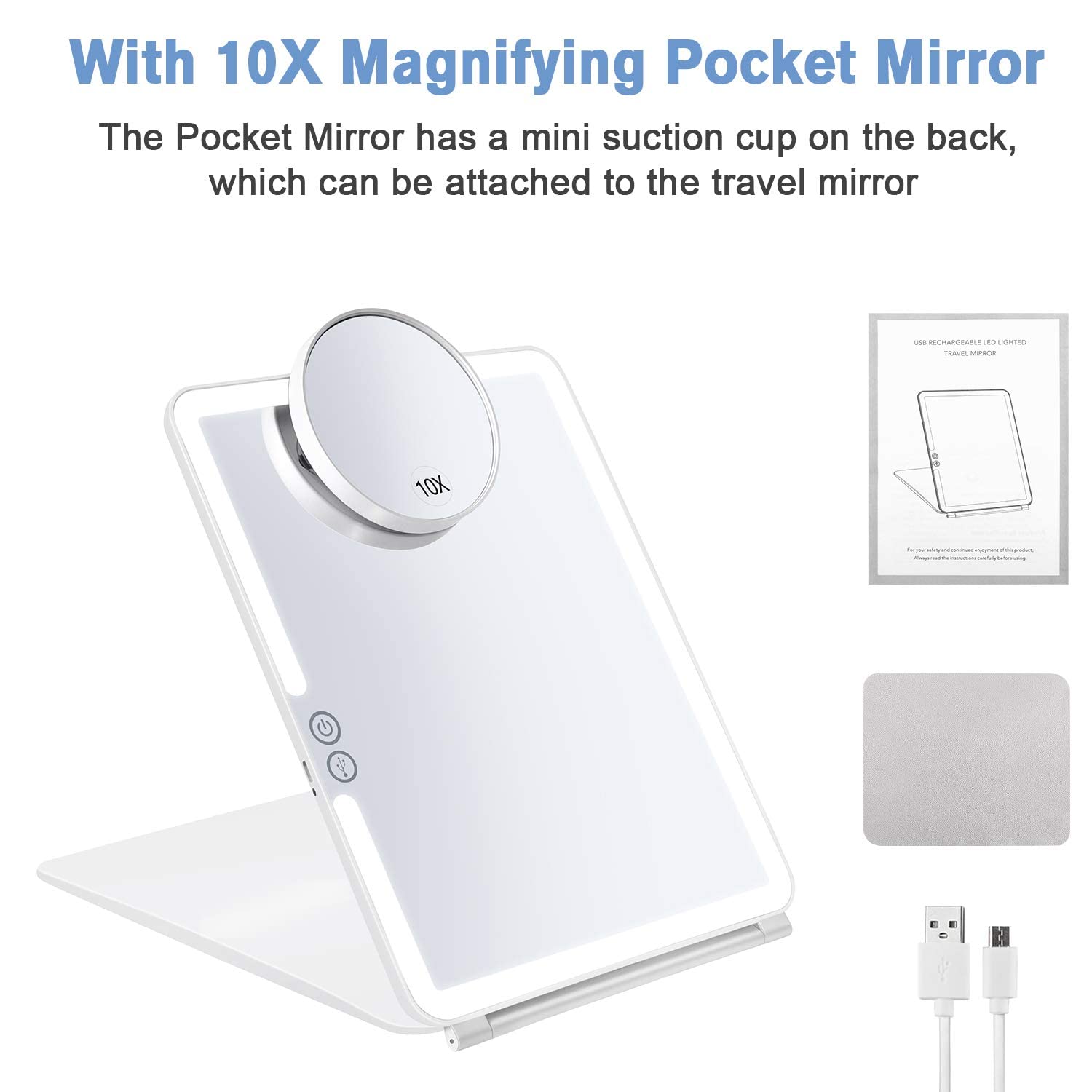 KEDSUM Rechargeable LED Makeup Mirror with Cover - Touch Screen Dimming, 10X Magnification, Portable Travel Vanity Mirror for Home & Travel - Perfect for Makeup, Skincare, and Salon Use