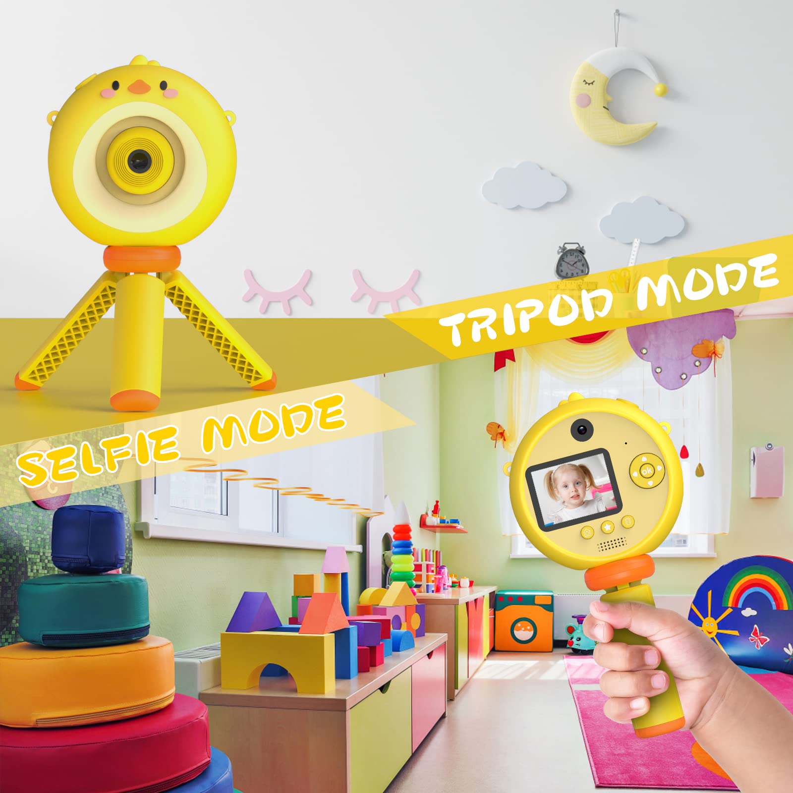 **12MP Kids Digital Camera with Tripod - 1080P HD Video, 32GB SD Card Included - Perfect for Birthday Gifts, Selfies & Family Adventures (Yellow)**