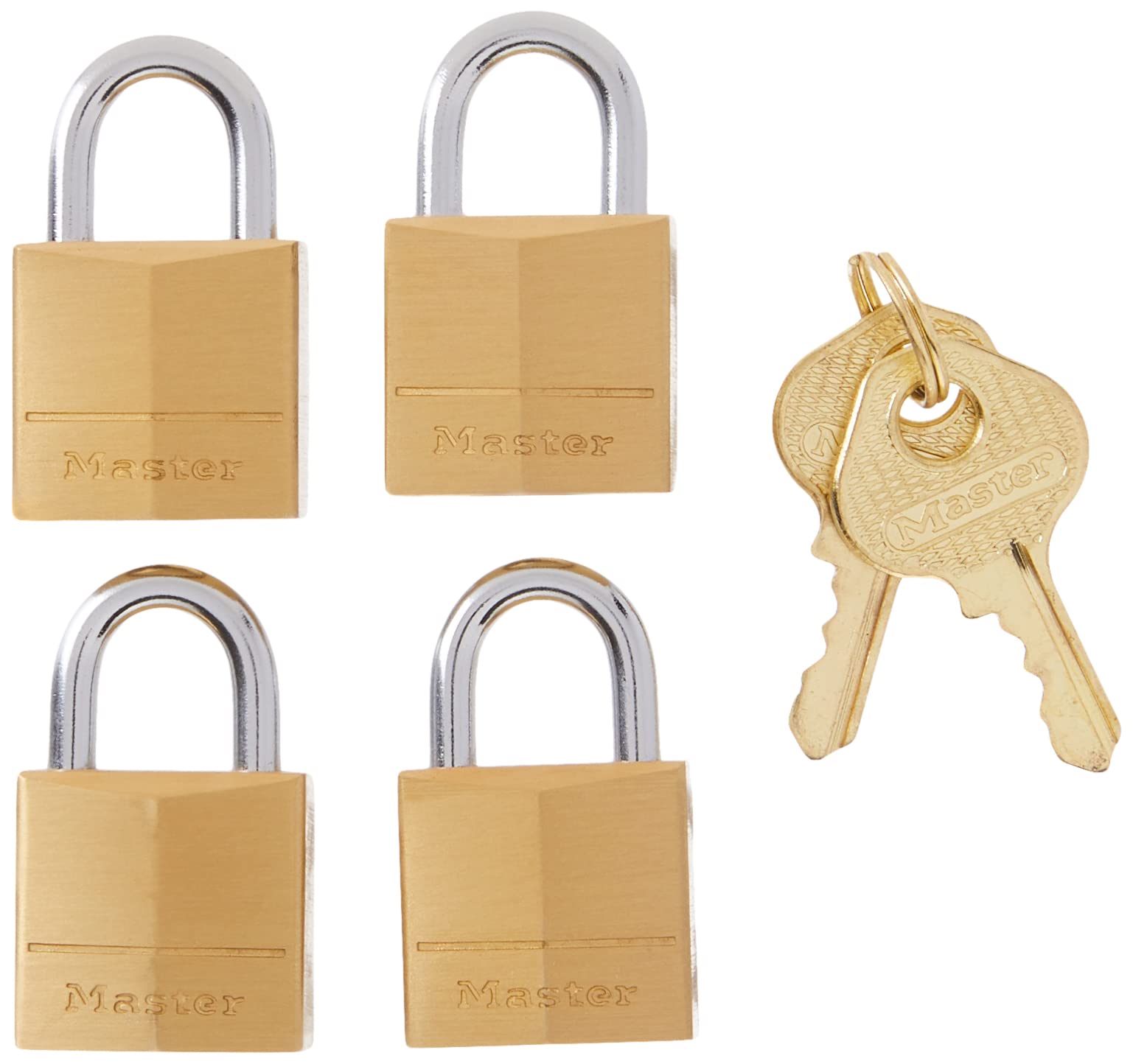 Master Lock Padlock - Solid Brass Heavy Duty Security Lock, 3/4 Inch Shackle, 4-Pack Keyed Alike (120Q) - Ideal for Lockers, Toolboxes, Storage Units & Outdoor Gates