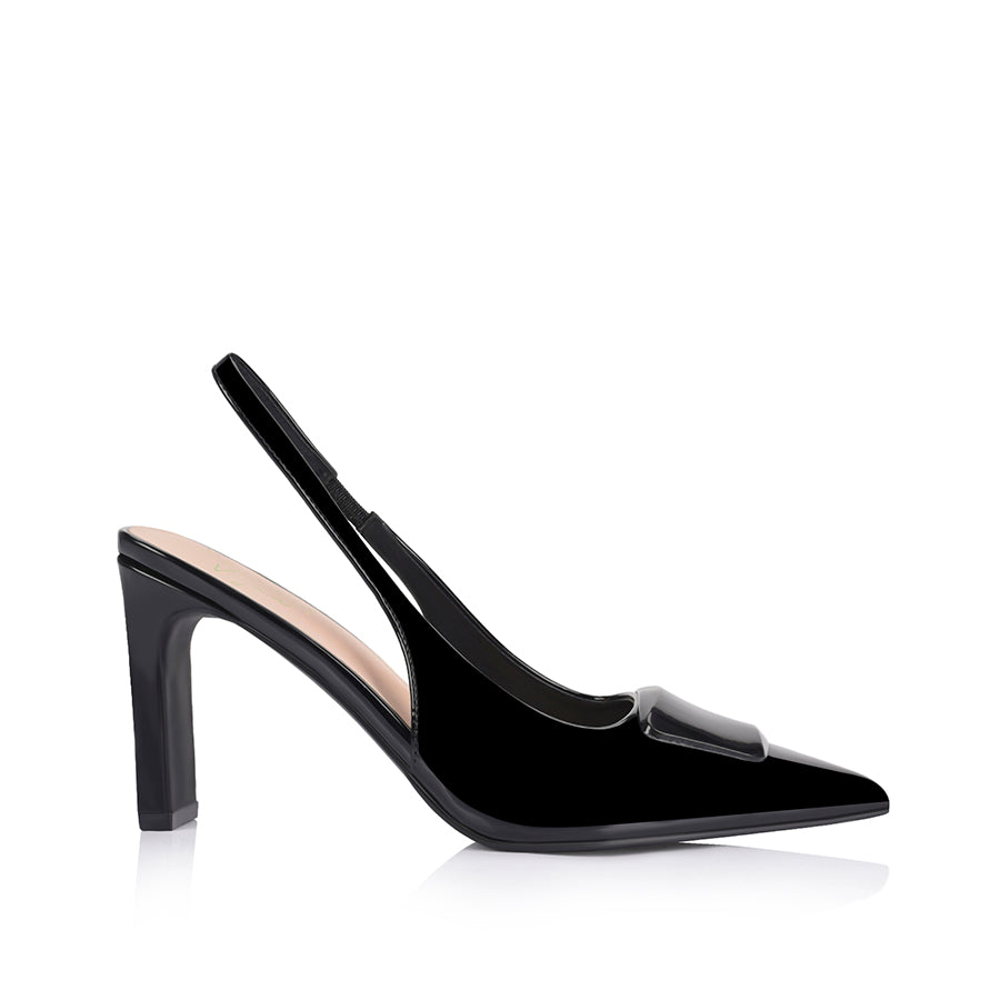 Konga Women's Slingback Block Heel Shoes - Black Patent Leather Comfortable Pumps for Work, Party & Wedding (Perfect for Office, Date Night & Special Occasions)