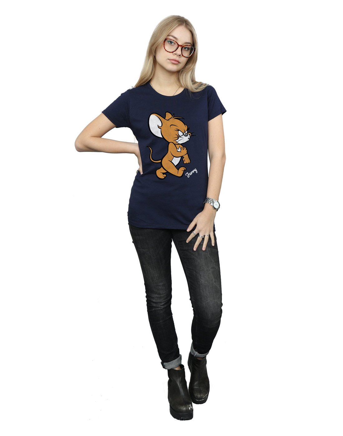 Tom and Jerry Women's Graphic T-Shirt - Angry Mouse Design, Navy Blue, Small Size - Casual Wear, Cartoon Lover Gift, Funny Tee for Outing & Daily Fashion