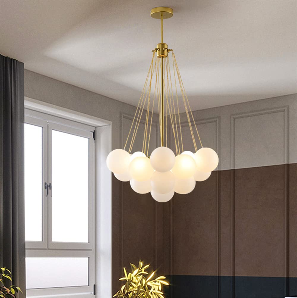 Modern White Frosted Glass LED Pendant Light - 19 Balloon Design Chandelier for Living Room & Dining Room - Gold Finish 110V-120V - Perfect for Home, Restaurant and Office Lighting Decor