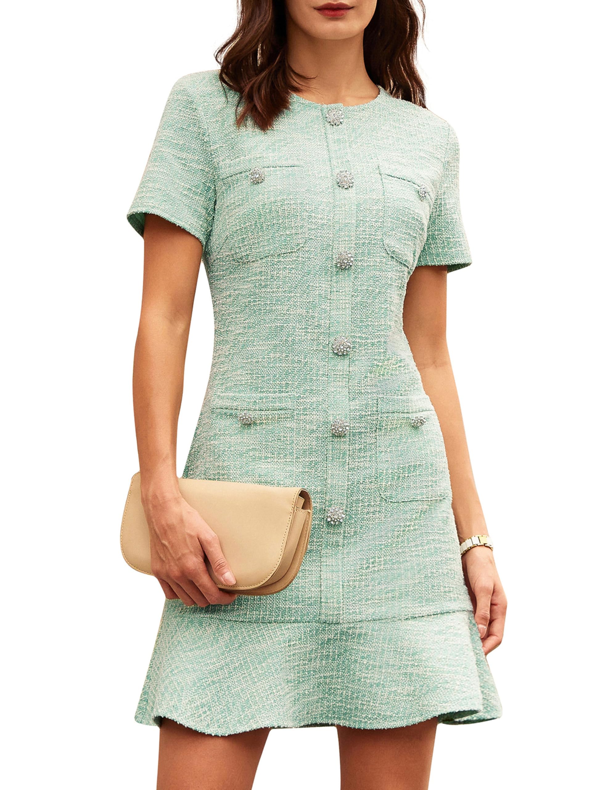 GRACE KARIN Women's Tweed Bodycon Dress - 2025 Summer Short Sleeve Button Down Mini Dress with Pockets | Elegant Office Work Dress & Casual Outfit for Business Meetings, Date Nights & Cocktail Parties