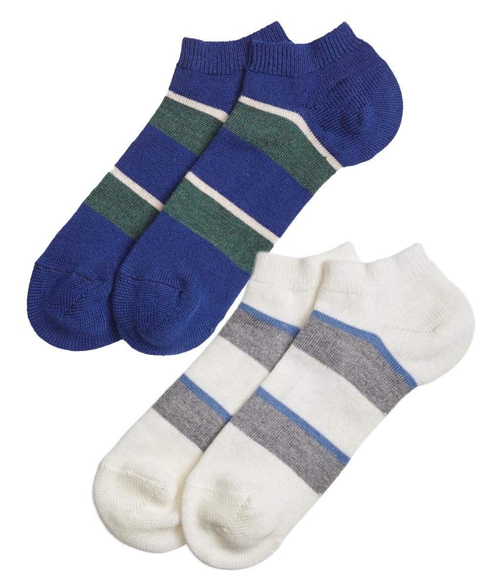Brooks Brothers Men's Italian Made 2-Pack Wool Blend Striped Knit Ankle Socks - Size 7-12 (White & Royal Blue) - Perfect for Business Casual & Office Wear