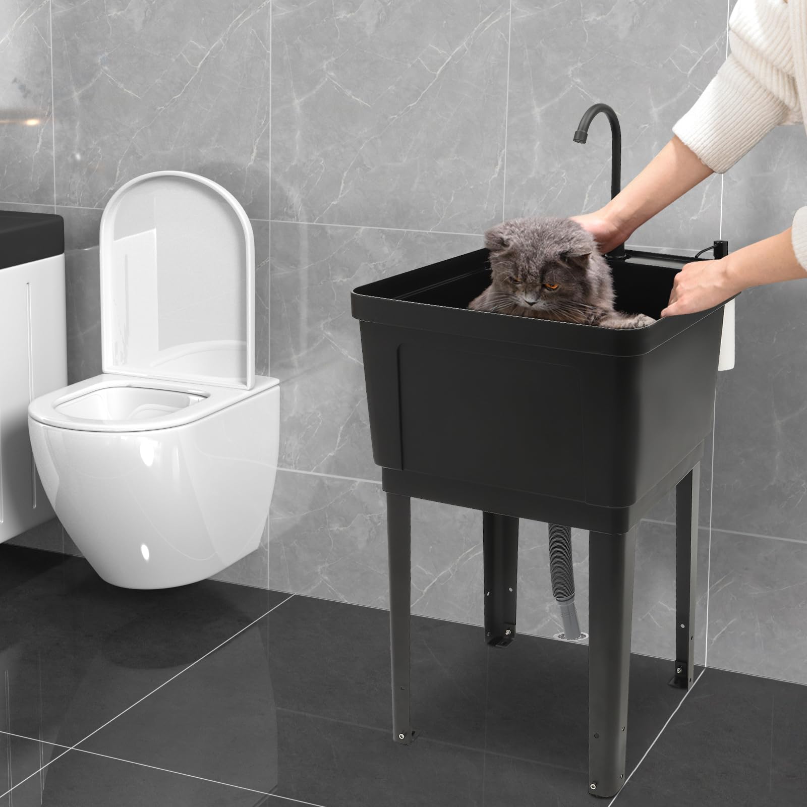 Heavy Duty Black Utility Sink with Faucet - Compact Laundry Sink with Soap Dispenser & Drain Pipe Kit - Freestanding Washing Sink for Laundry Room, Basement, Garage, Workshop | Perfect for Washing Clothes, Cleaning Tools & DIY Projects
