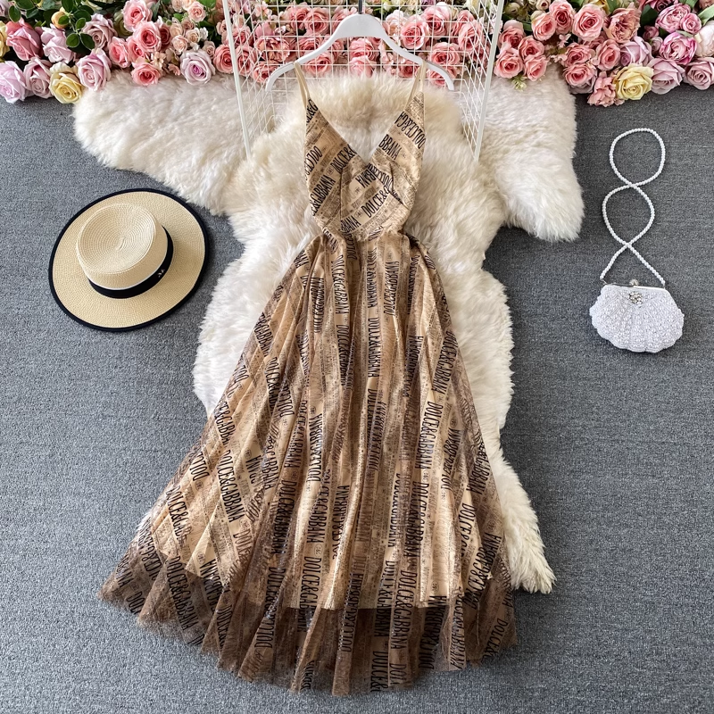 Vintage Letter Printed Mesh Spaghetti Strap A-Line Summer Dress - Perfect for Beach Vacations, Date Nights & Casual Outings