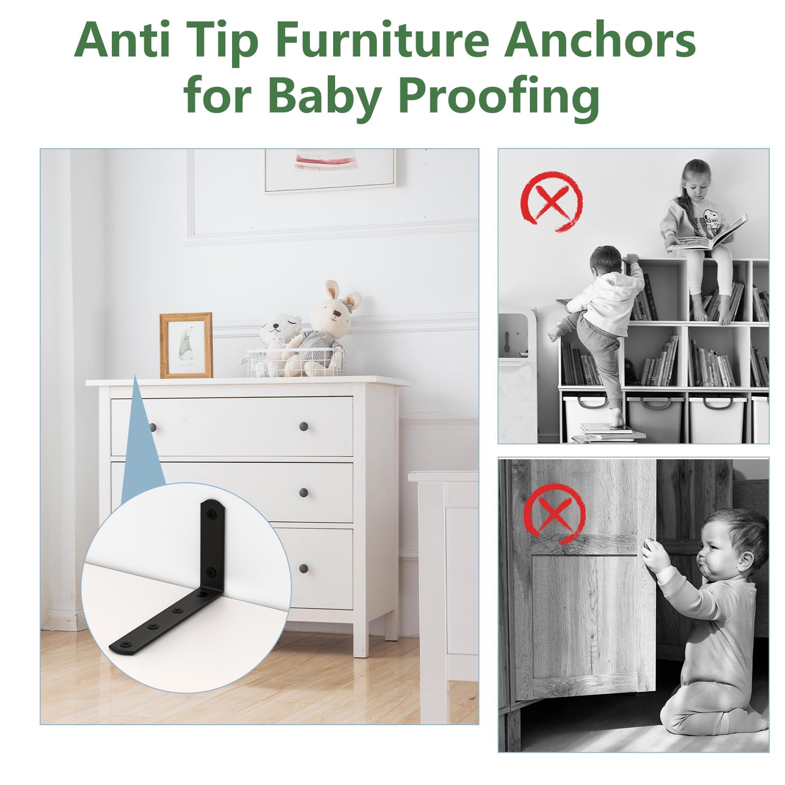 8-Piece Stainless Steel Anti-Tip Furniture Anchors - No Drill Baby Proofing Wall Anchors for Cabinets, Dressers & Bookshelves (5x3x1 Inch) - Secure Heavy Furniture & Prevent Tip-Over Accidents in Kids' Rooms & Nurseries