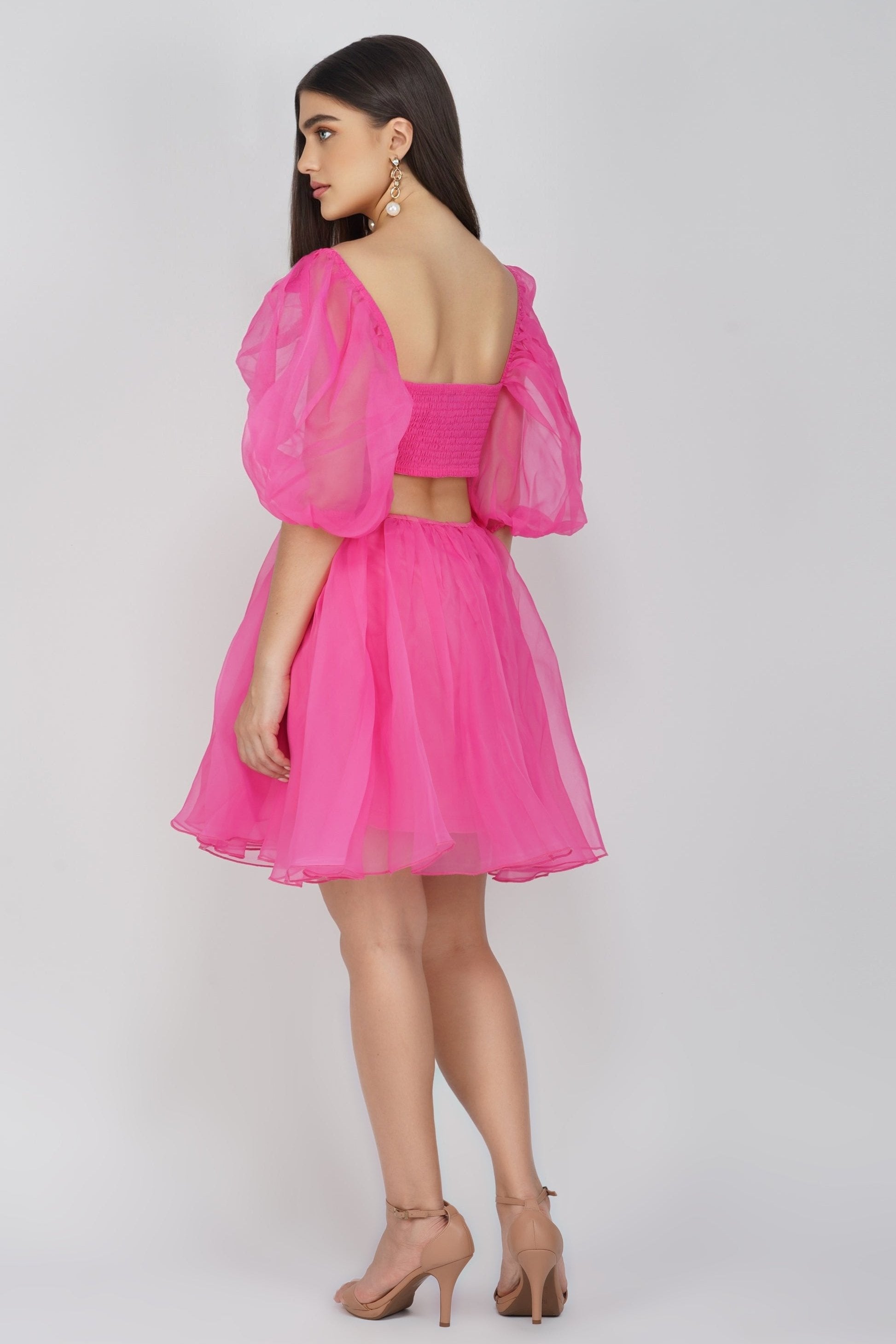 Katja Women's Bright Pink Puff Sleeve Dress - Elegant Party & Cocktail Attire for Weddings, Date Nights & Special Occasions