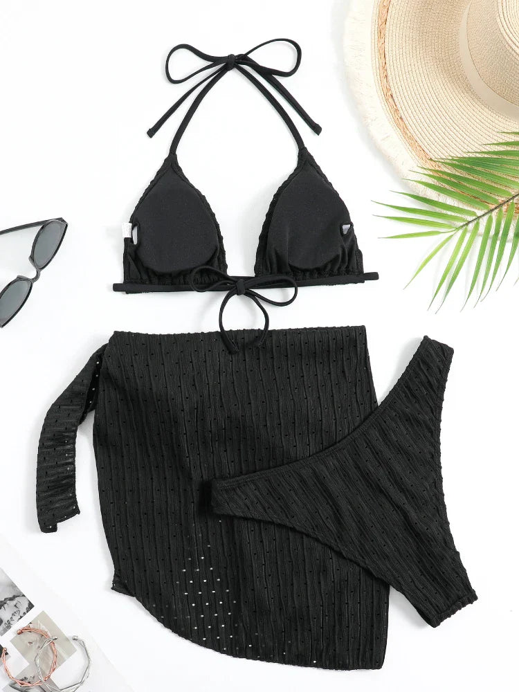 2023 New Women's 3-Piece Swimsuit Set - Sexy Thong Bikini with Sarong Skirt | White & Pink Beachwear for Pool, Vacation & Summer Fun