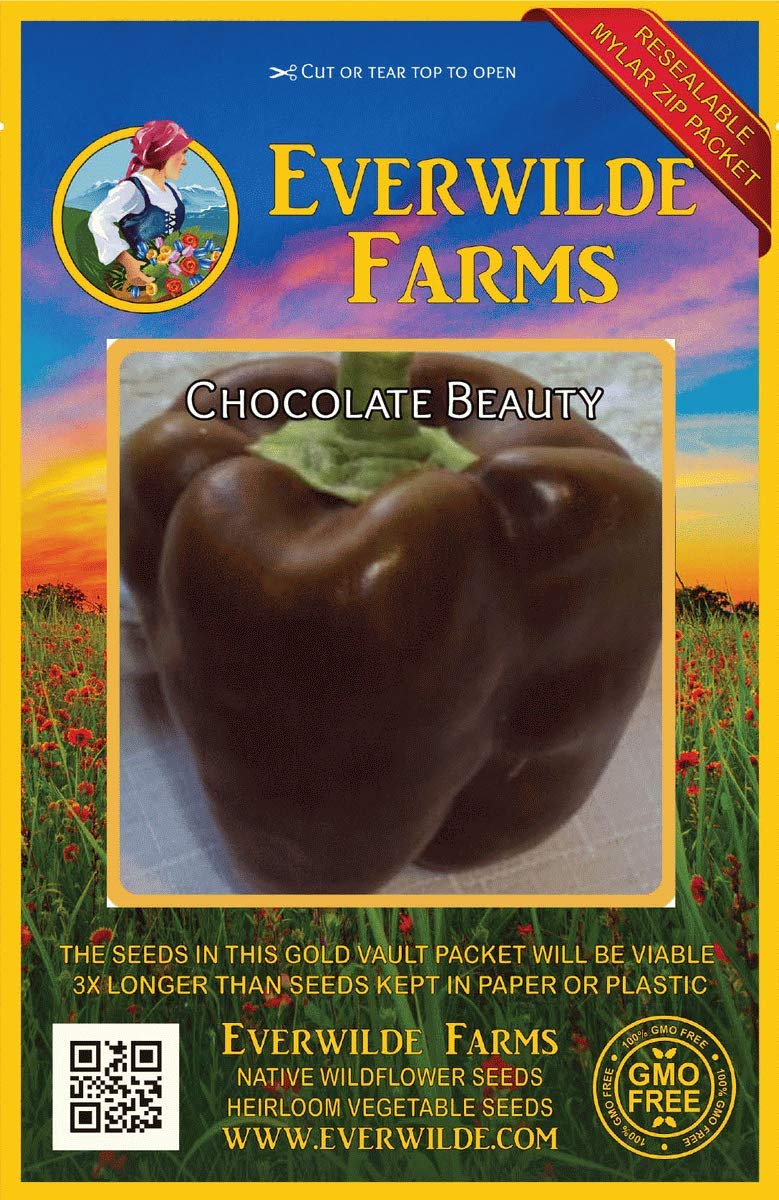 Everwilde Farms - 25 Chocolate Beauty Sweet Pepper Seeds - Gold Vault Jumbo Seed Packet for Home Gardening & Organic Vegetable Planting
