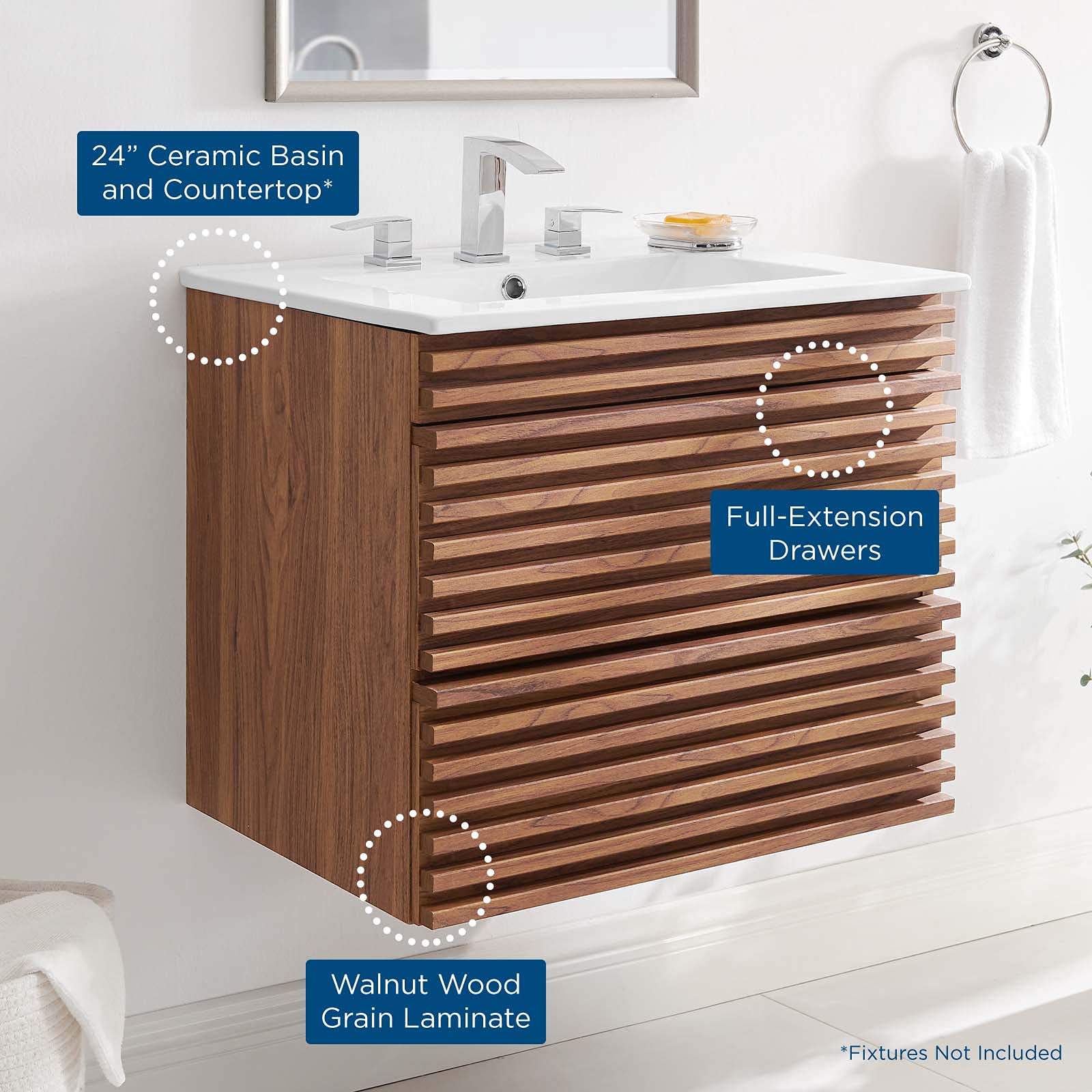 Modern Wall Mounted Sink Vanity Cabinet - Brown Walnut & White Wood Bathroom Storage - Perfect for Hotel, Spa, and Contemporary Home Bathroom Design