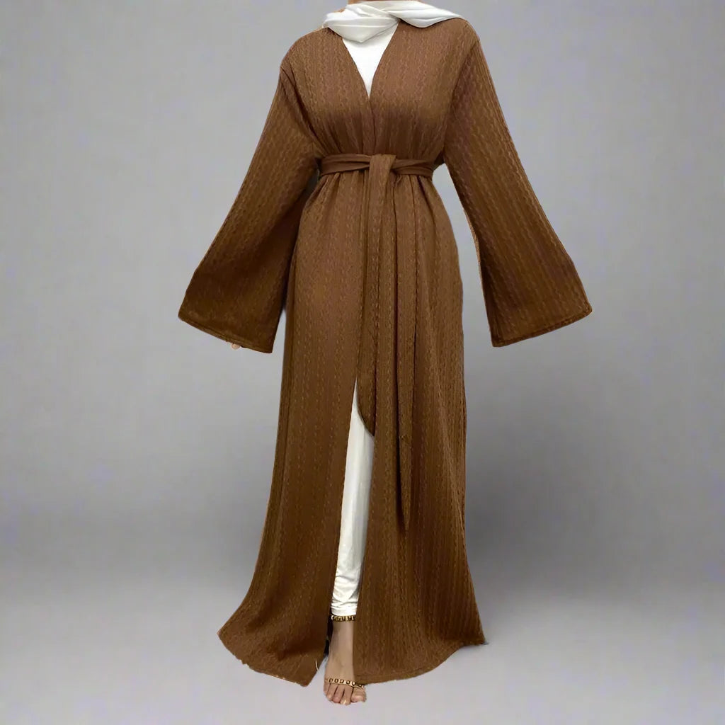 Muslim Women's Winter Wool Open Abaya Dress with Pockets - Elegant Long Dress for Prayer, Mosque & Special Occasions