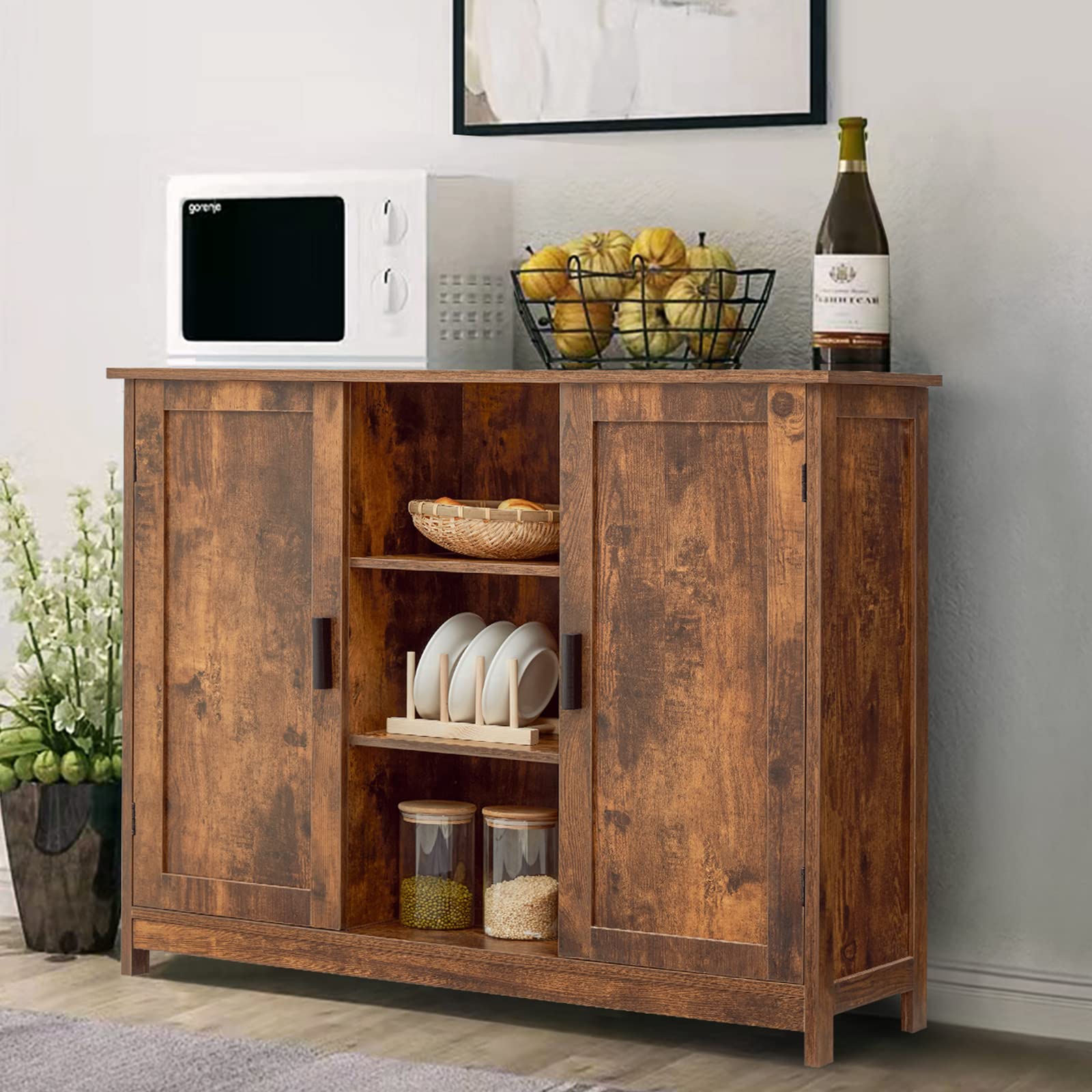 IWELL 2-Door Wooden Storage Cabinet with 2 Open Shelves - Freestanding Buffet Cabinet for Kitchen, Living Room, Hallway - Retro Brown Finish | Perfect for Home Organization & Display Storage