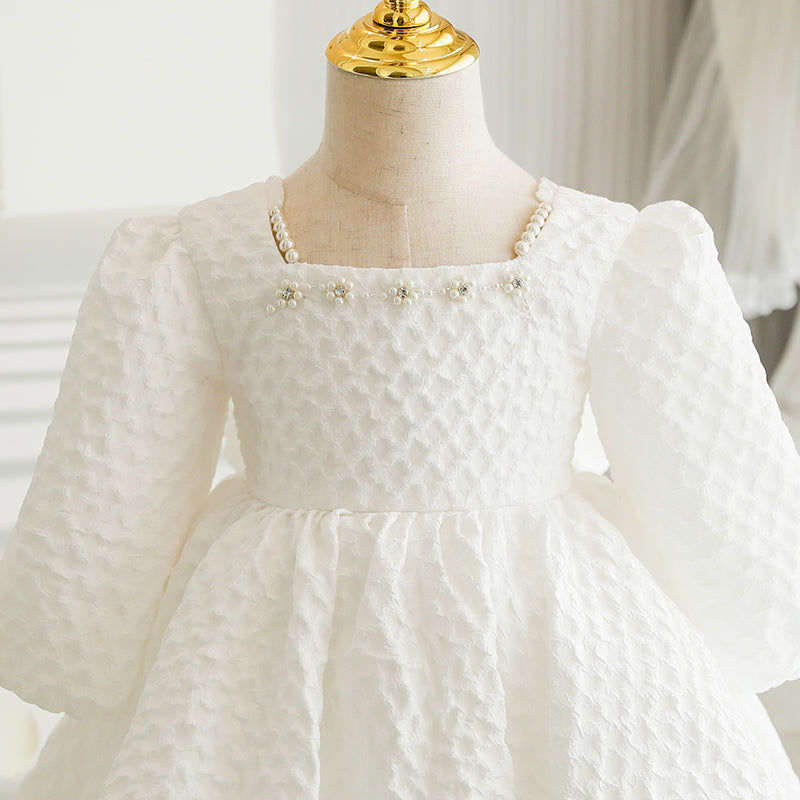 Baby Girl Baptism Dress - White Beaded Princess Christening Gown with Bow for Church, Party & Cake Smash Photography | Elegant First Communion Outfit