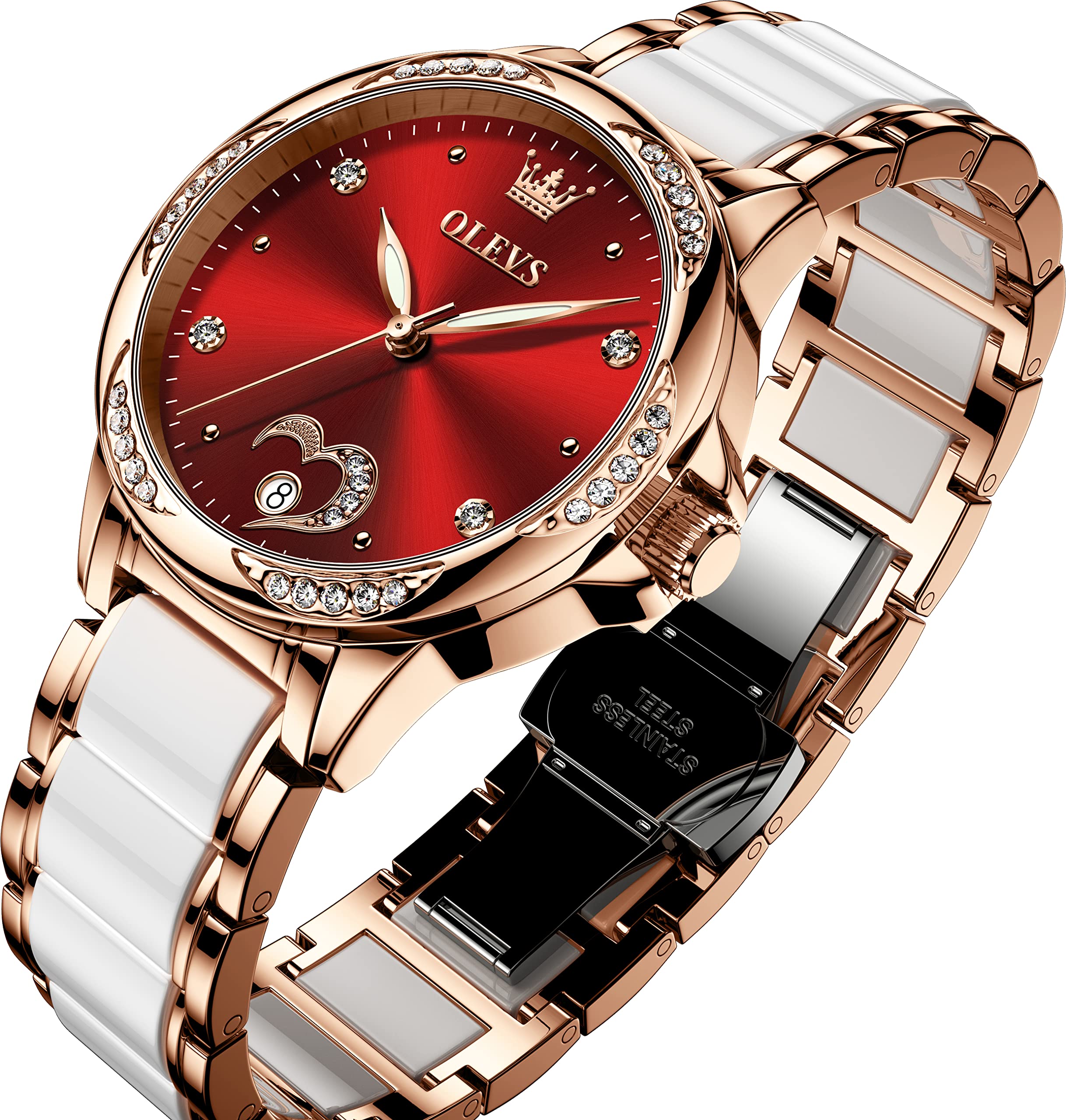 OLEVS Women's Automatic Self-Winding Diamond Watch - Rose Gold Ceramic Luxury Dress Watch with Heart Date Display | Perfect for Formal Events, Date Nights & Anniversary Gifts
