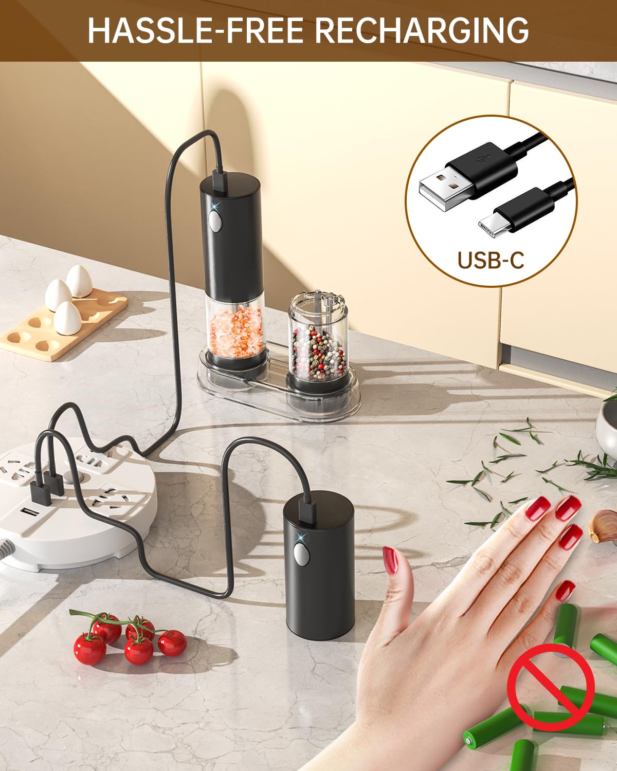 **Rechargeable Electric Salt and Pepper Grinder Set with Adjustable Coarseness & LED Light - 95ml Washable Container, Black - Perfect for Kitchen, Dining & Gourmet Cooking**
