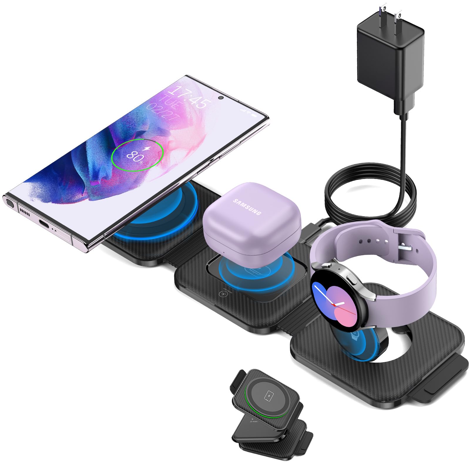 Foldable Wireless Charging Station for Samsung S25 Ultra/S24/Z Flip 6/5 - Portable Travel Charger with Watch & Buds Charging - Compatible with Samsung Watch 7/Buds Pro3/2 (Black) | Perfect for Home, Office & Travel Use