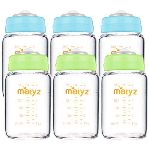 [Pack of 6] 3 Green & 3 Blue Lids - 6 Ounce Clear Borosilicate GLASS Bottle