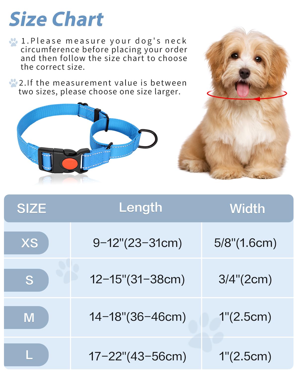**Reflective Martingale Dog Collar with Quick Release Buckle - Adjustable No-Slip Puppy Collar for Extra Small Breeds (Light Blue, XS) - Perfect for Night Walks & Training**