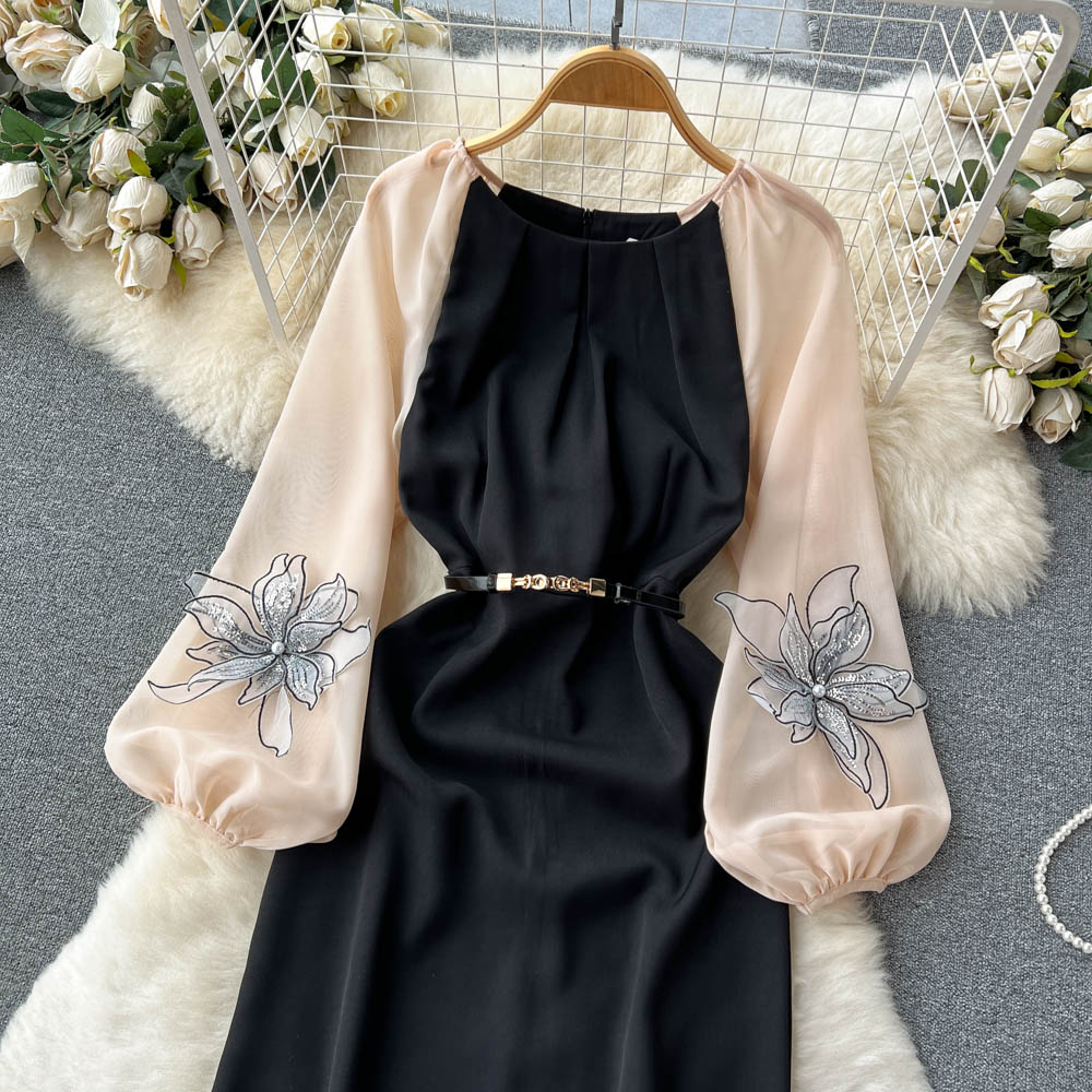 French Retro Mesh Dress for Women - Long Sleeve 3D Floral Fairy Dress 1199 | Elegant Evening Gown for Parties, Weddings & Special Occasions